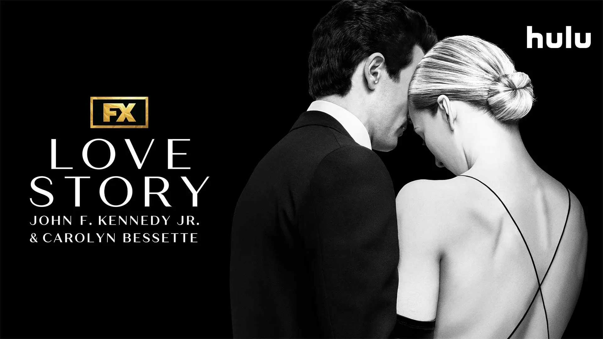 This image is a promotional poster for the FX limited series Love Story: John F. Kennedy Jr. & Carolyn Bessette