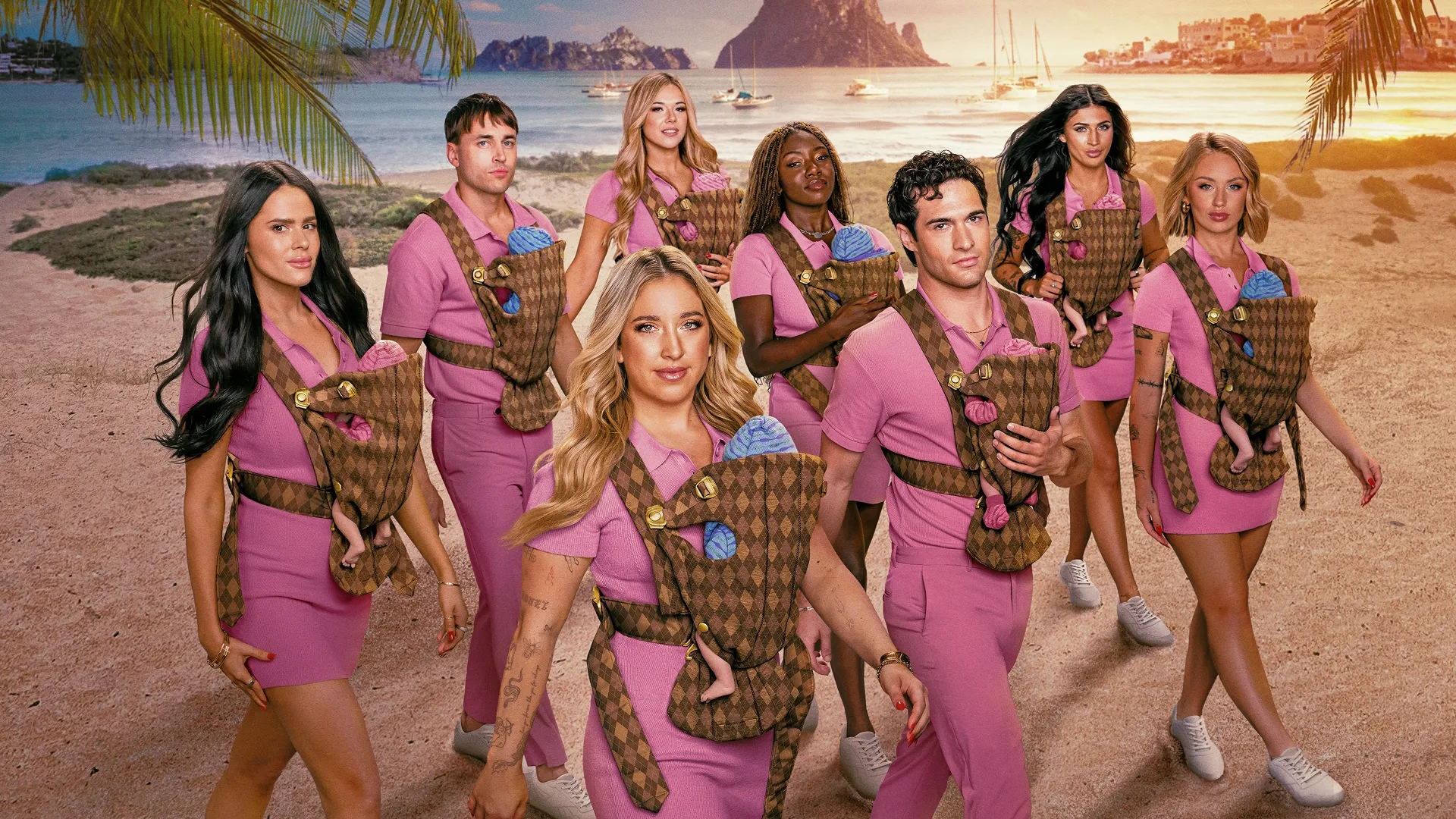 A group elite childcare professionals and personalities in matching pink outfits on the beach