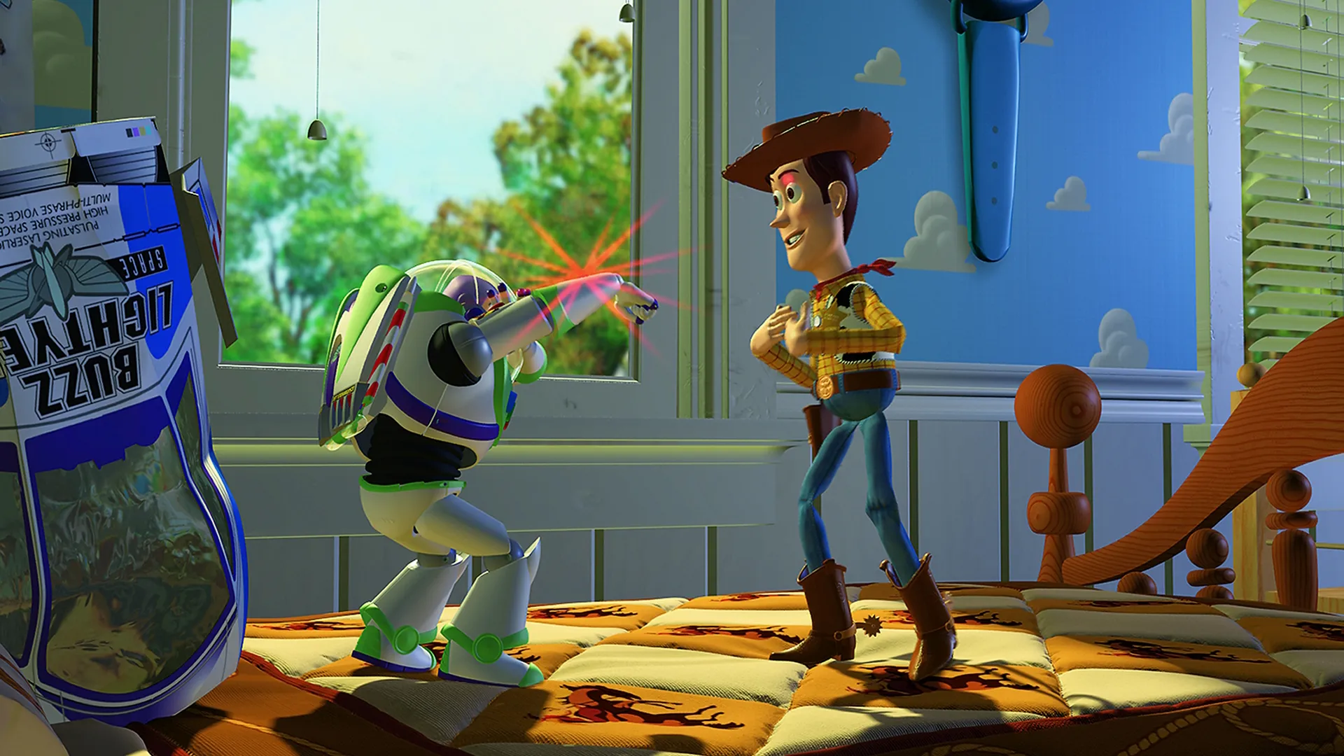 Buzz Lightyear flashes his laser at Woody on Andy's bed.