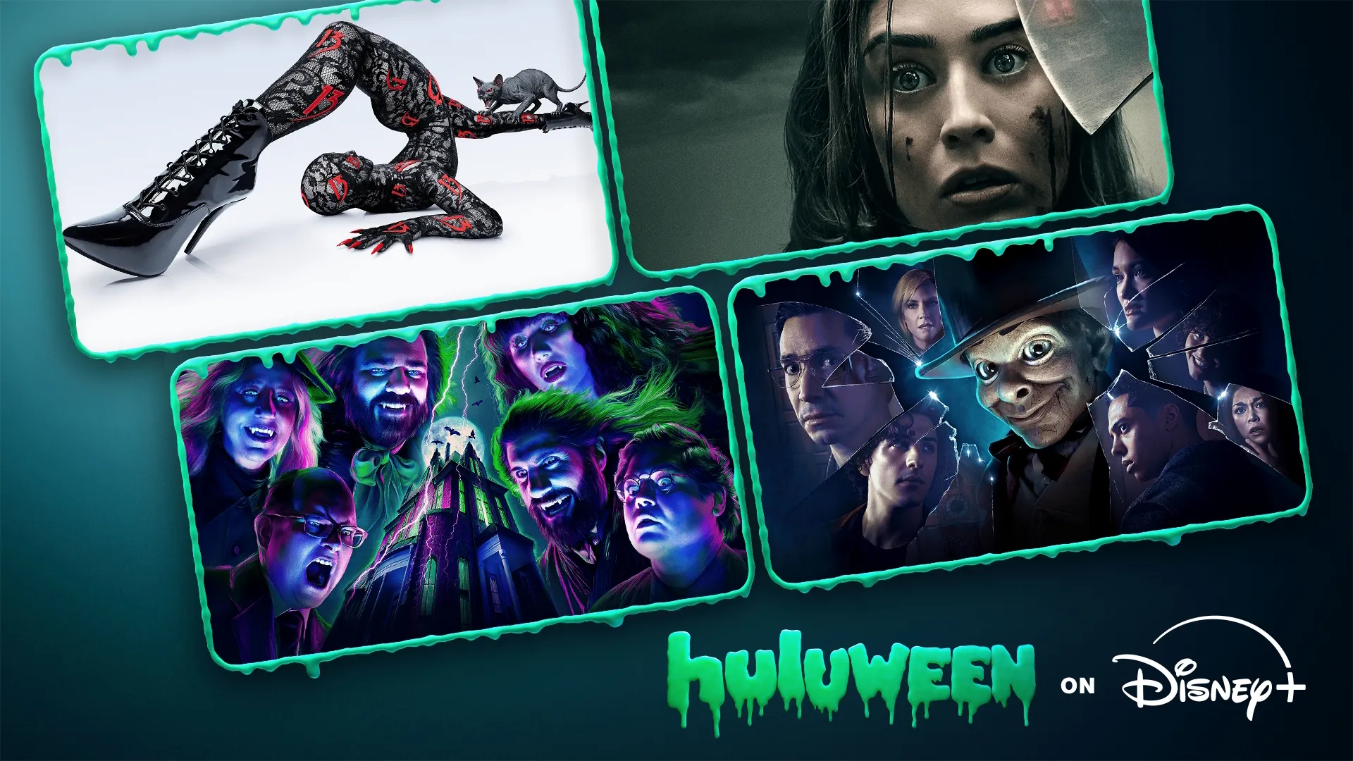 Best Halloween Shows On Disney+ & Hulu For Halloween 2026 | Collage of images from featured shows including What We Do in the Shadows, American Horror Story, Castle Rock and Goosebumps.