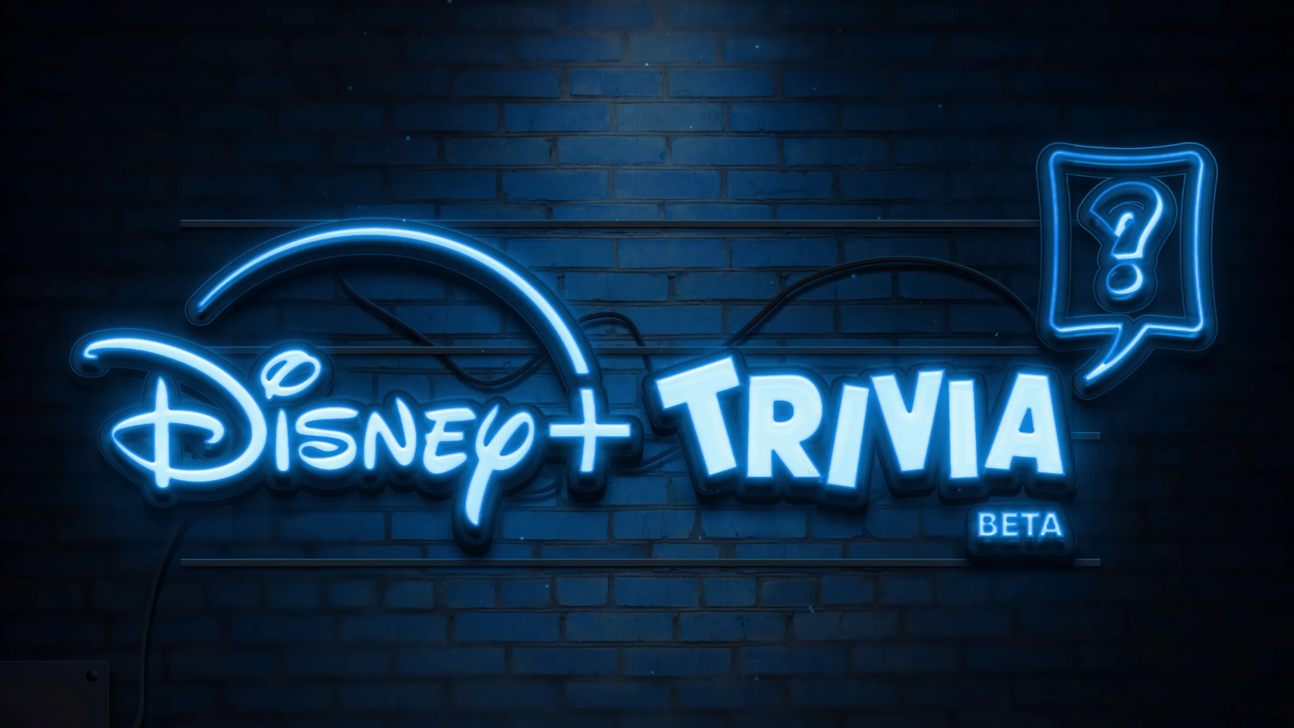 A neon light Disney+ Trivia Beta logo on a brick wall background