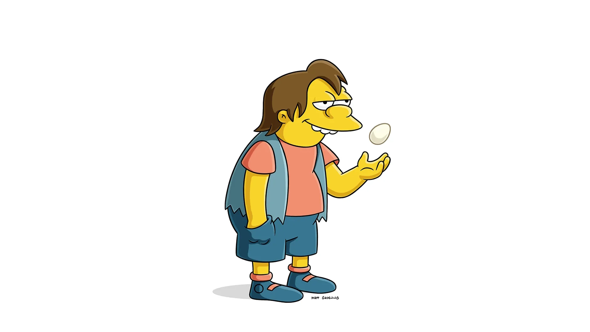 Imagem de Nelson Muntz de Os Simpsons, o valentão do colégio. Ele está segurando um ovo, muitas vezes associado à sua natureza travessa.