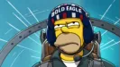 Homer Simpson flying a fighter jet, wearing a hemet that reads "Bold Eagle"