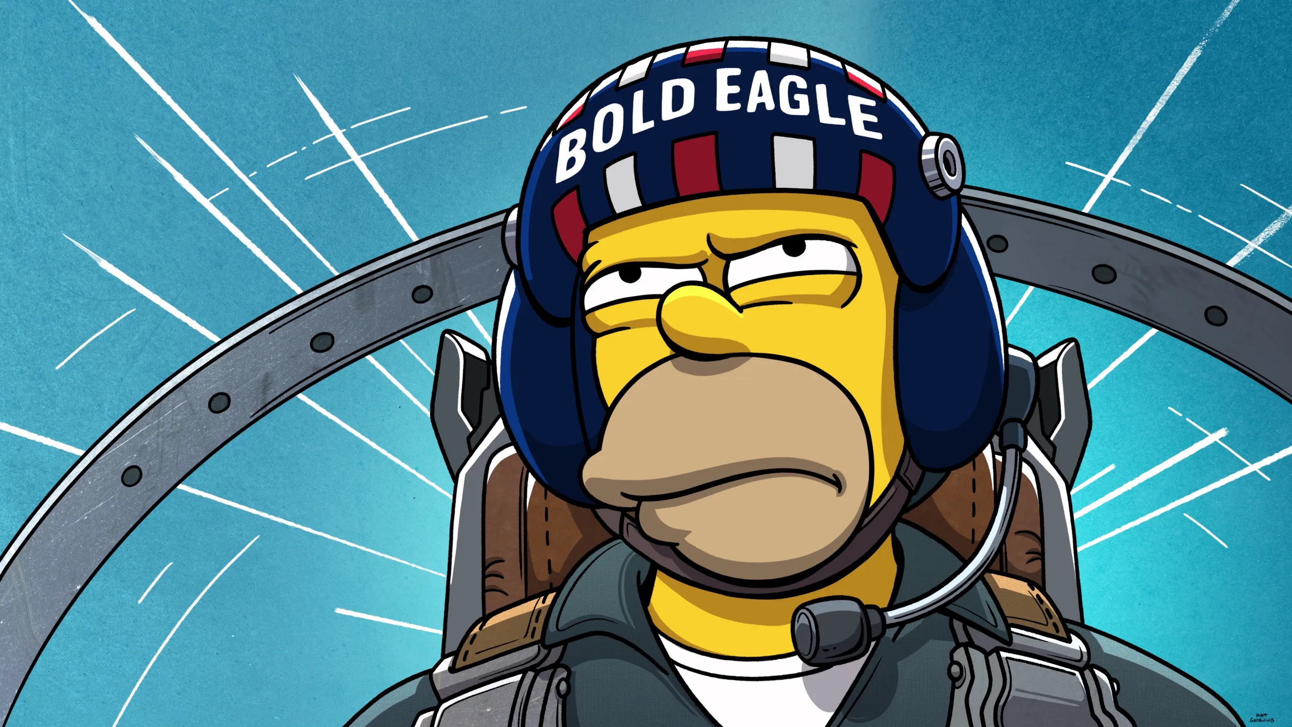 This image features Homer Simpson from The Simpsons, depicted wearing a helmet labeled "Bold Eagle" and piloting an aircraft.