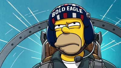 Homer Simpson flying a fighter jet, wearing a hemet that reads "Bold Eagle"