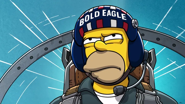 Homer Simpson flying a fighter jet, wearing a hemet that reads "Bold Eagle"