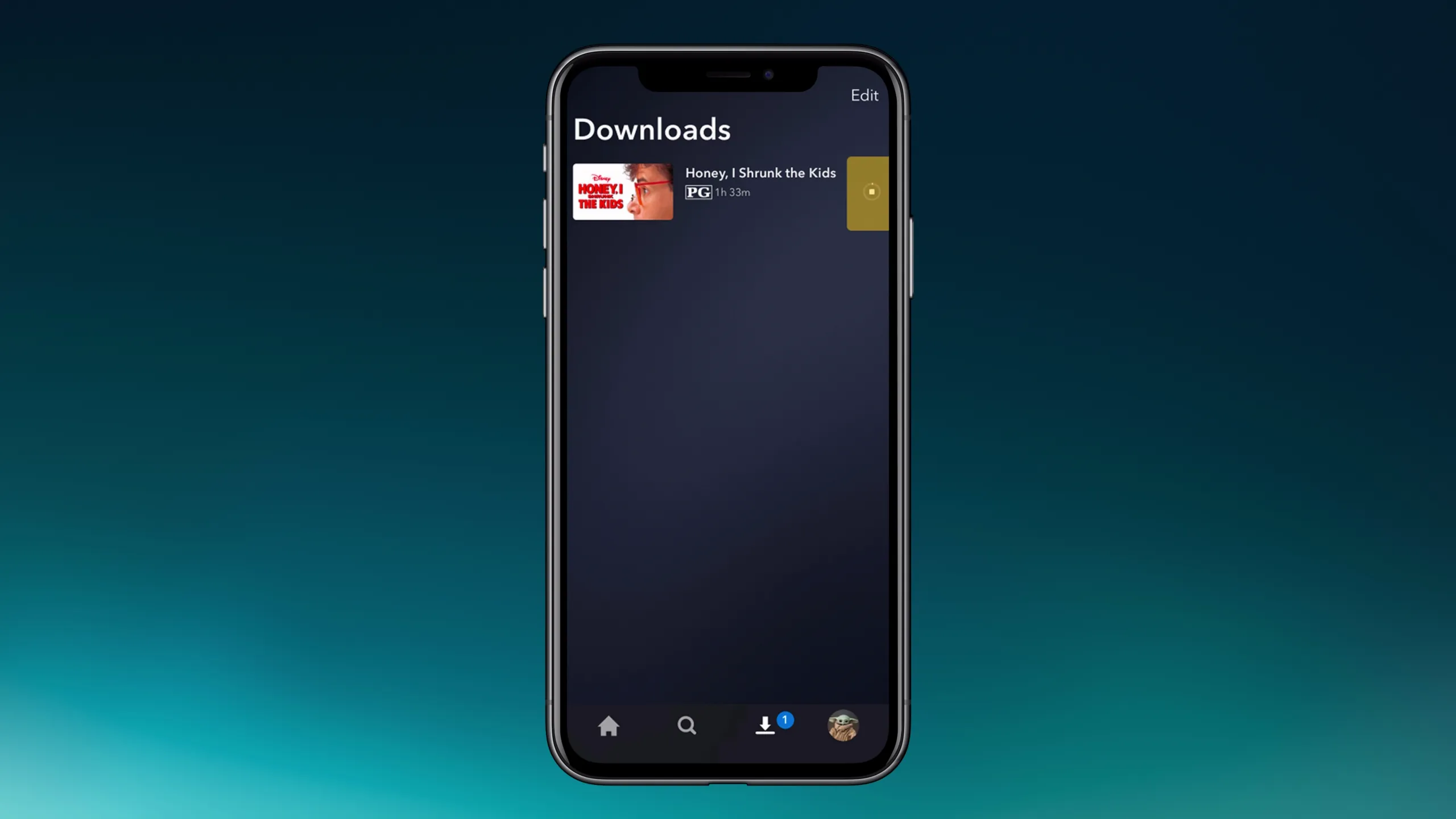 A screenshot of the Downloads page in the Disney+ app, showing Honey, I Shrunk the Kids as a download in progress, with the progress icon highlighted.