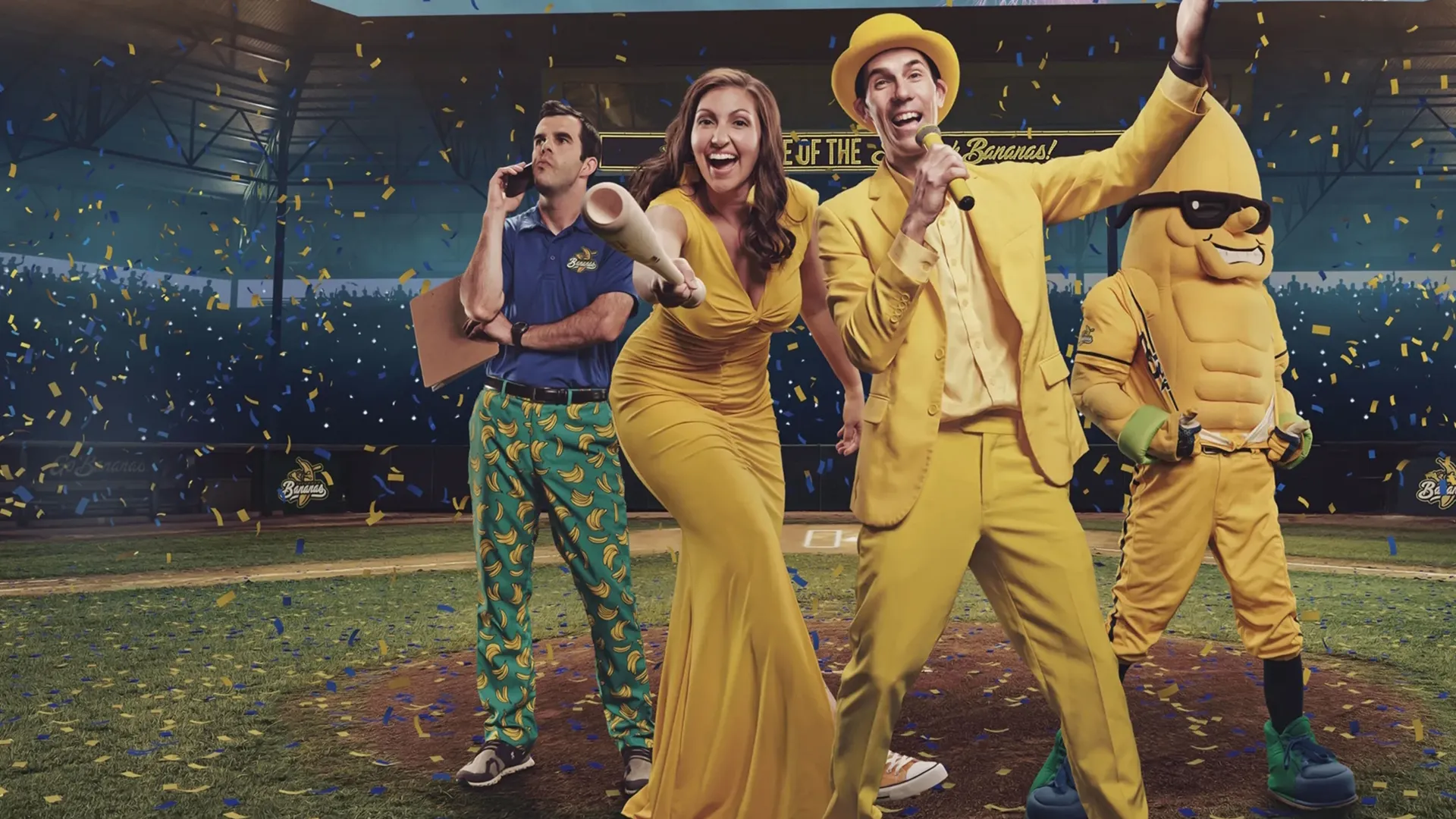 Jesse Cole and the Savannah Bananas appear on the field surrounded by celebrations and confetti.