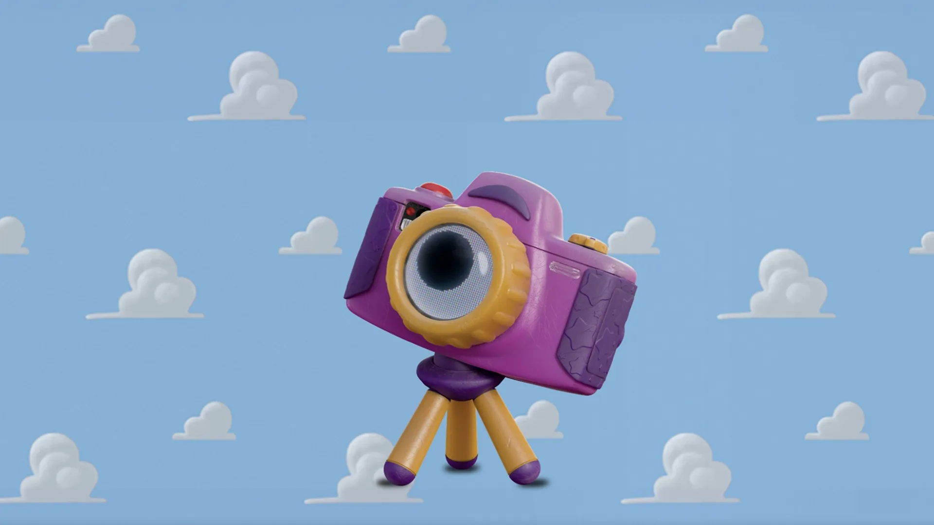 Snappy, the purple and yellow anthropomorphic digital toy camera character with a single large lens-eye, standing on a yellow tripod on the wooden floor of a child's bedroom from Pixar's Toy Story 5.