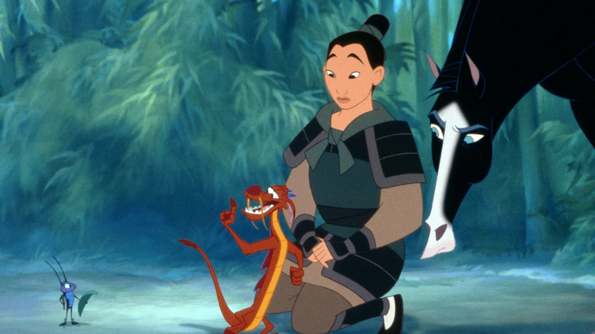 Mulan, crouching and disguised as a soldier, watches Mushu talk to Cri-Kee and Khan