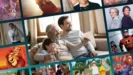 A multi-panel graphic collage displays a central image of a smiling grandfather, father, and young son sitting on a couch eating popcorn together while watching television, completely surrounded by smaller panels featuring iconic movie and TV scenes that celebrate fatherhood, including Coco, Logan, Father of the Bride, Mrs. Doubtfire, The Fantastic Four: First Steps, The Incredibles, The Lion King, Cheaper by the Dozen, Bob's Burgers, Finding Nemo, Modern Family, and Malcolm in the Middle.