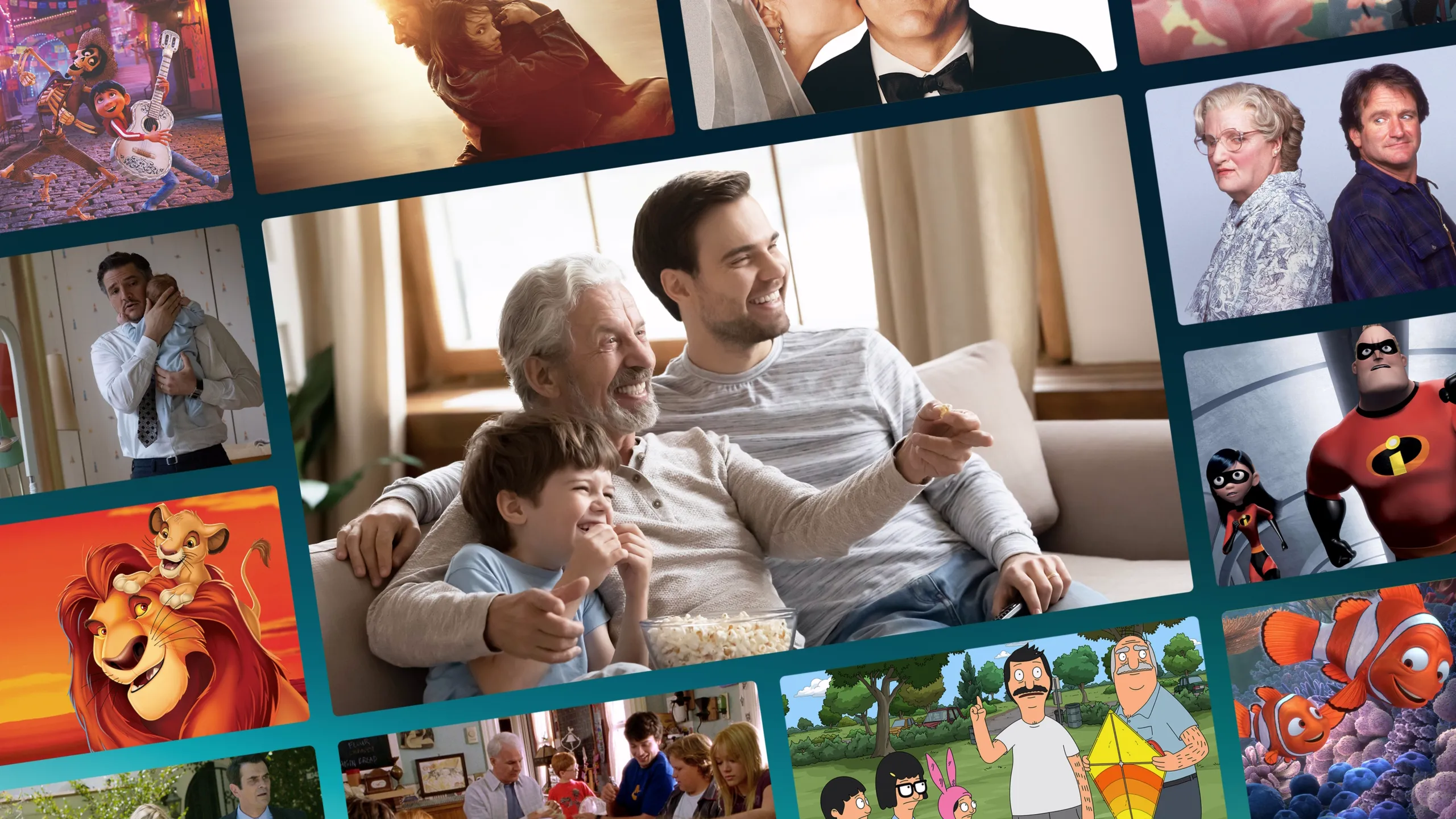Un collage gráfico de múltiples paneles muestra, en la imagen central, a un abuelo sonriente, un padre y un hijo pequeño sentados en un sofá comiendo palomitas de maíz mientras ven la televisión. La escena está completamente rodeada por paneles más pequeños con icónicas escenas de cine y televisión que celebran la paternidad.