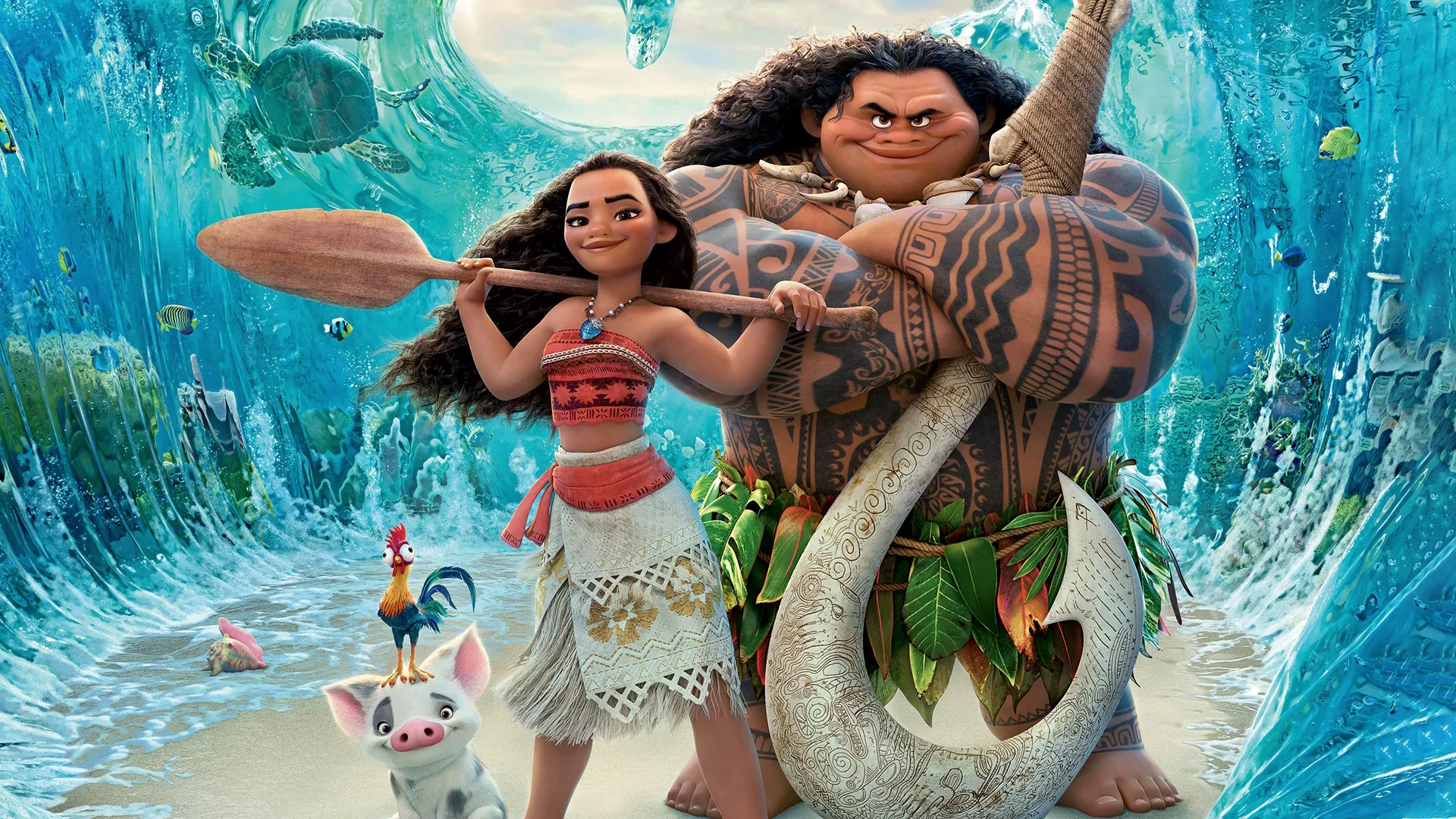 Moana, demigod Maui, and sidekick characters Pua the pig and Heihei the rooster