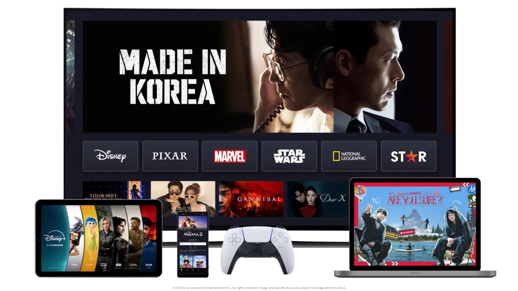 4 Devices showcasing the Disney+ product on TV, Mobile, Laptop, and Tablet