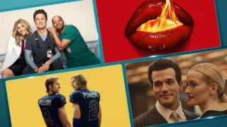 A collage of images from Scrubs (2026), FX's The Beauty, Chad Powers, and FX's Love Story: John F. Kennedy Jr. & Carolyn Bessette