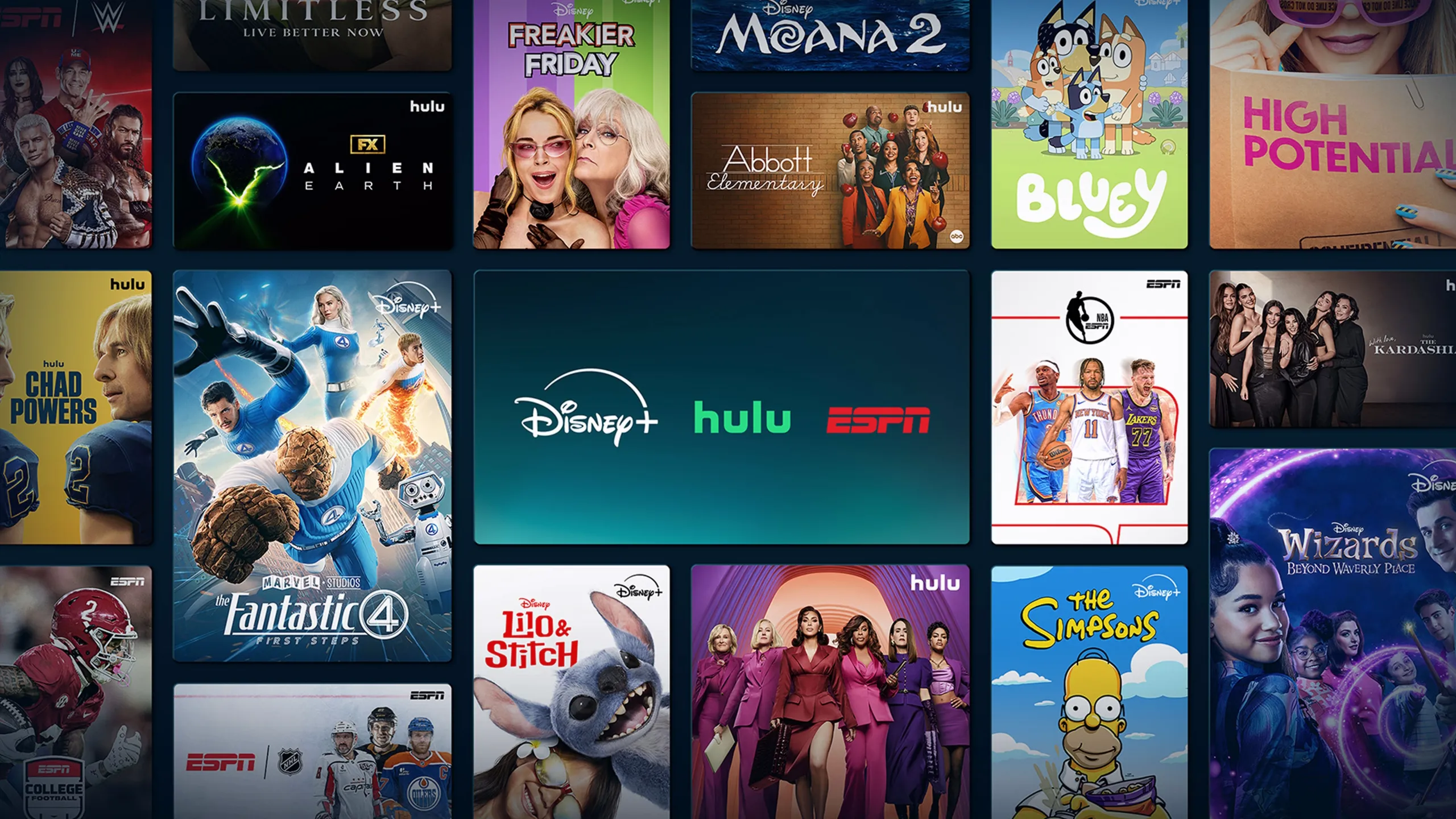 Disney+, Hulu, ESPN bundle interface, displaying thumbnails for popular shows and movies like Moana 2, Abbott Elementary, Bluey, Fantastic 4, The Simpsons, and live sports content.