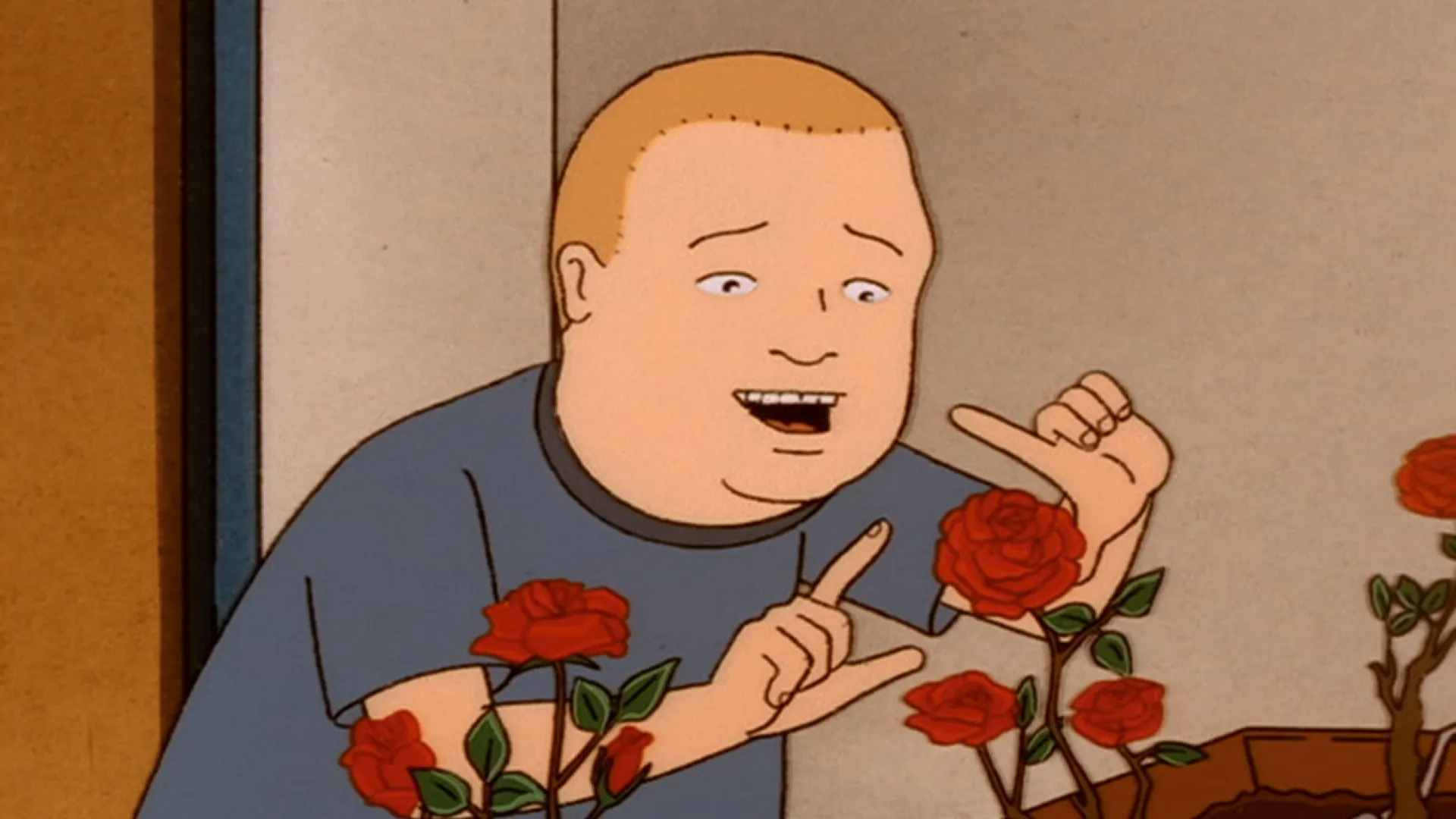 Bobby (Pamela Adlon) looks over a garden box of red roses with an excited, open-mouthed expression.
