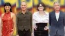A collage of red carpet images from the Toy Story 5 premiere of Greta Lee, Tom Hanks, Joan Cusack, and Tim Allen