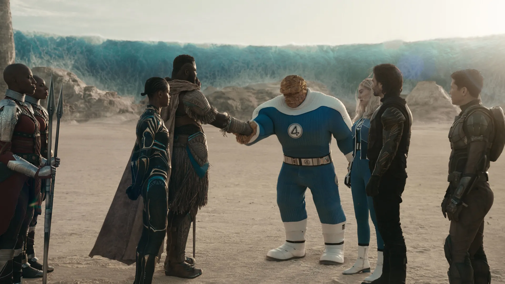 The Fantastic Four meets with the Wakandans alongside Bucky.