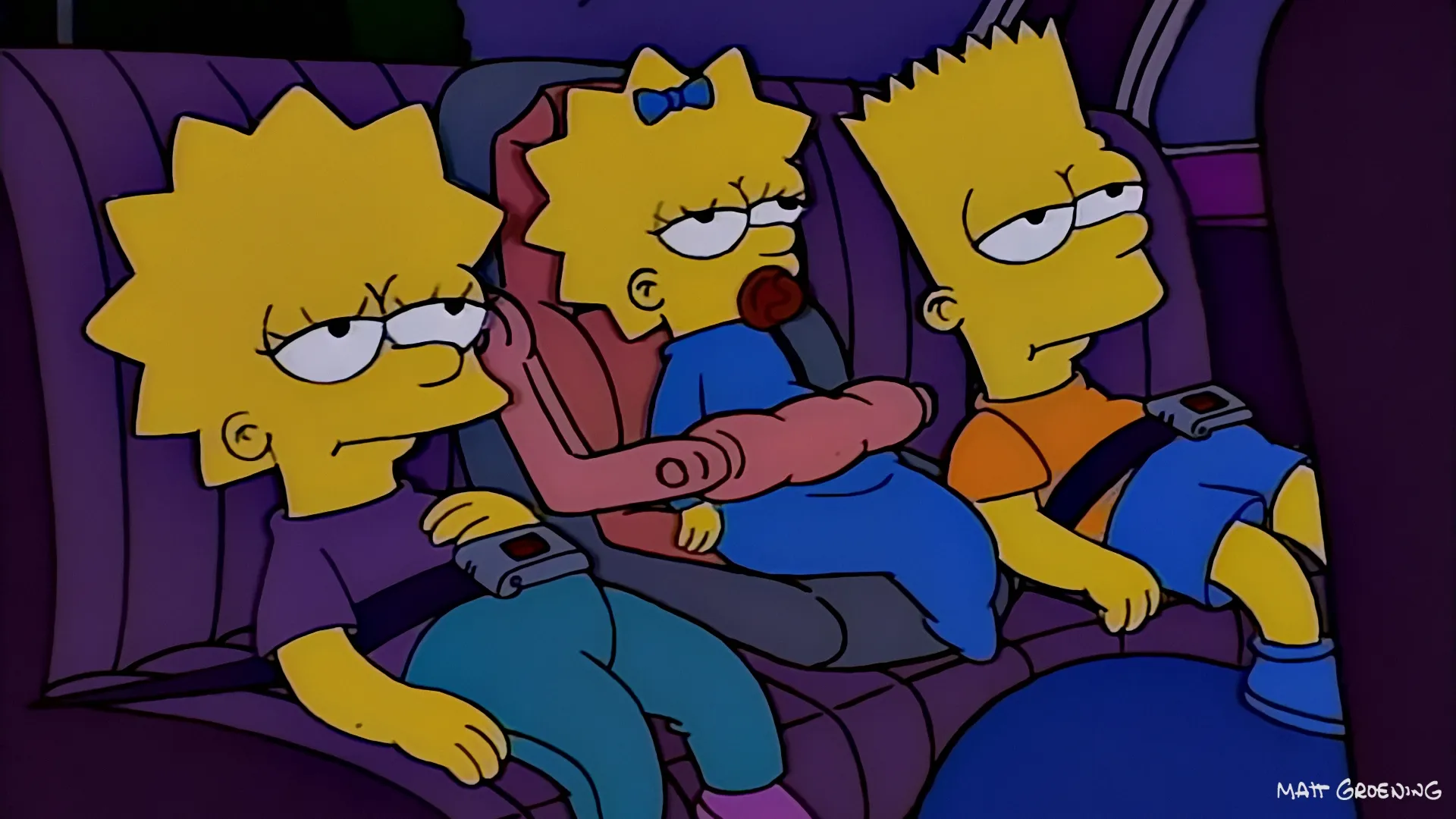 This image features the animated characters Lisa, Maggie, and Bart Simpson from the long-running show The Simpsons.