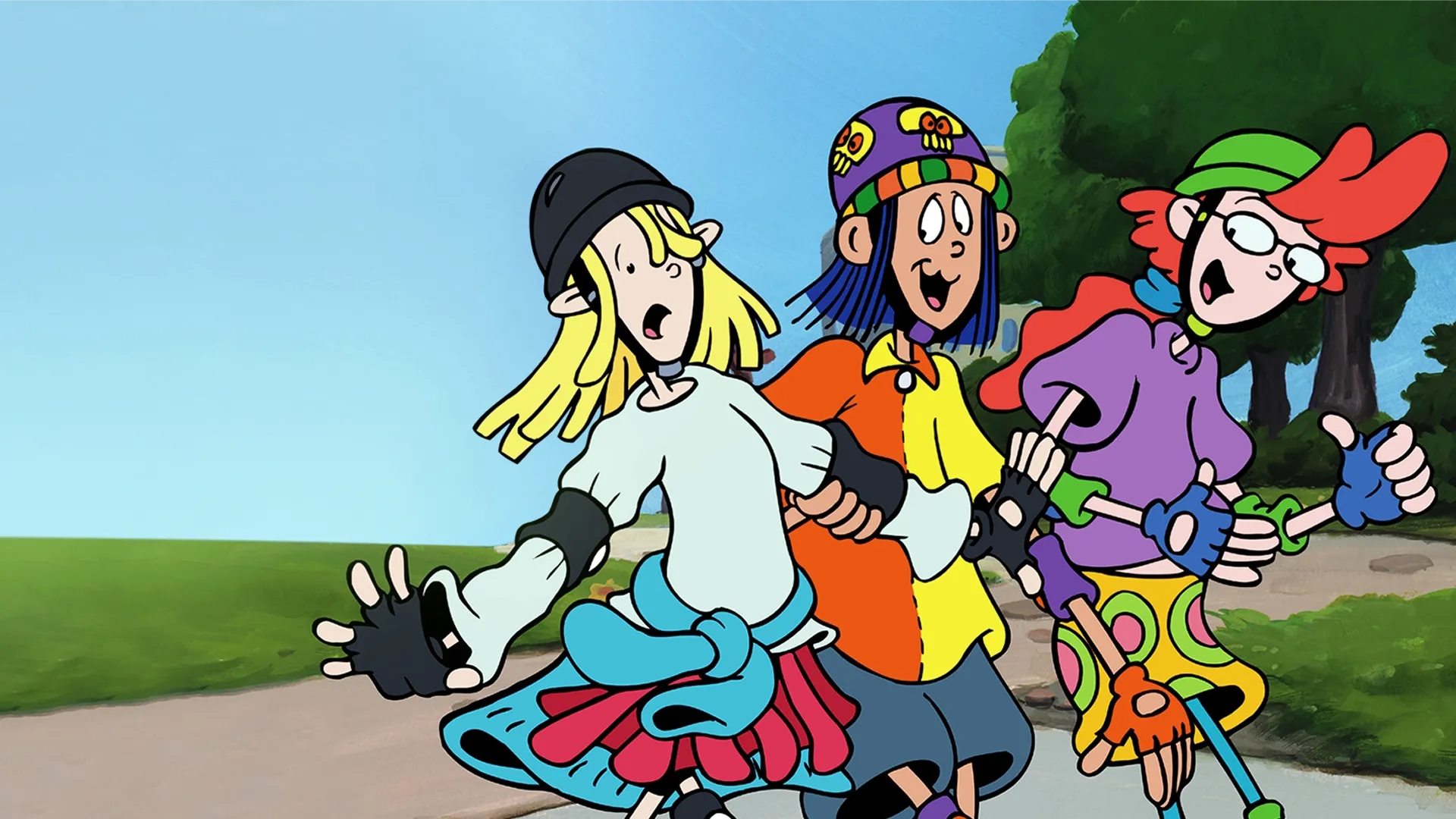 Pepper Ann, Nicky Little, and Milo Kamalani from the Disney animated show Pepper Ann are rollerblading together along a park path.