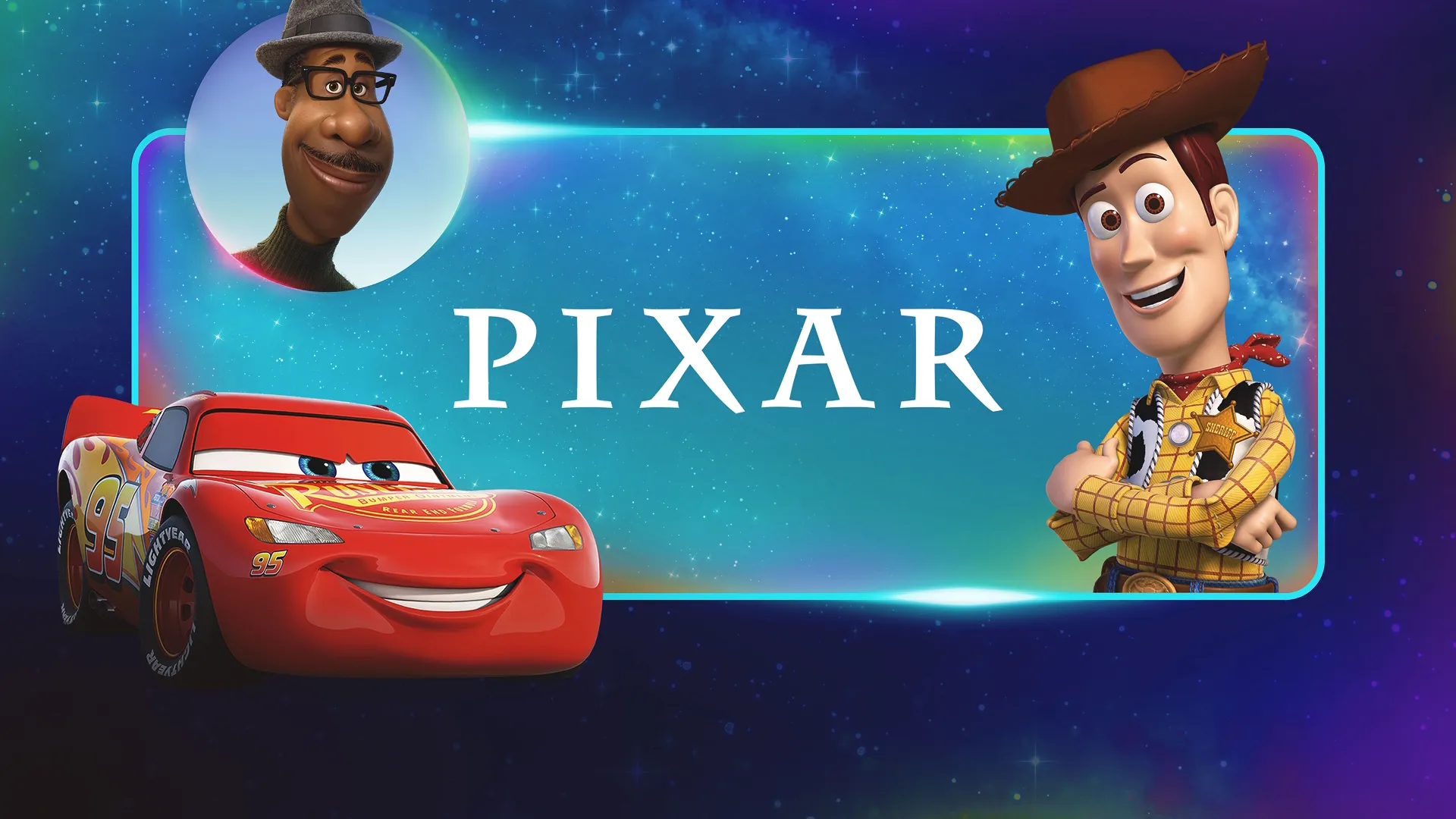 A promotional graphic features the Pixar logo surrounded by Joe Gardner from Soul, Woody from Toy Story, and Lightning McQueen from Cars against a glowing, starry space background.
