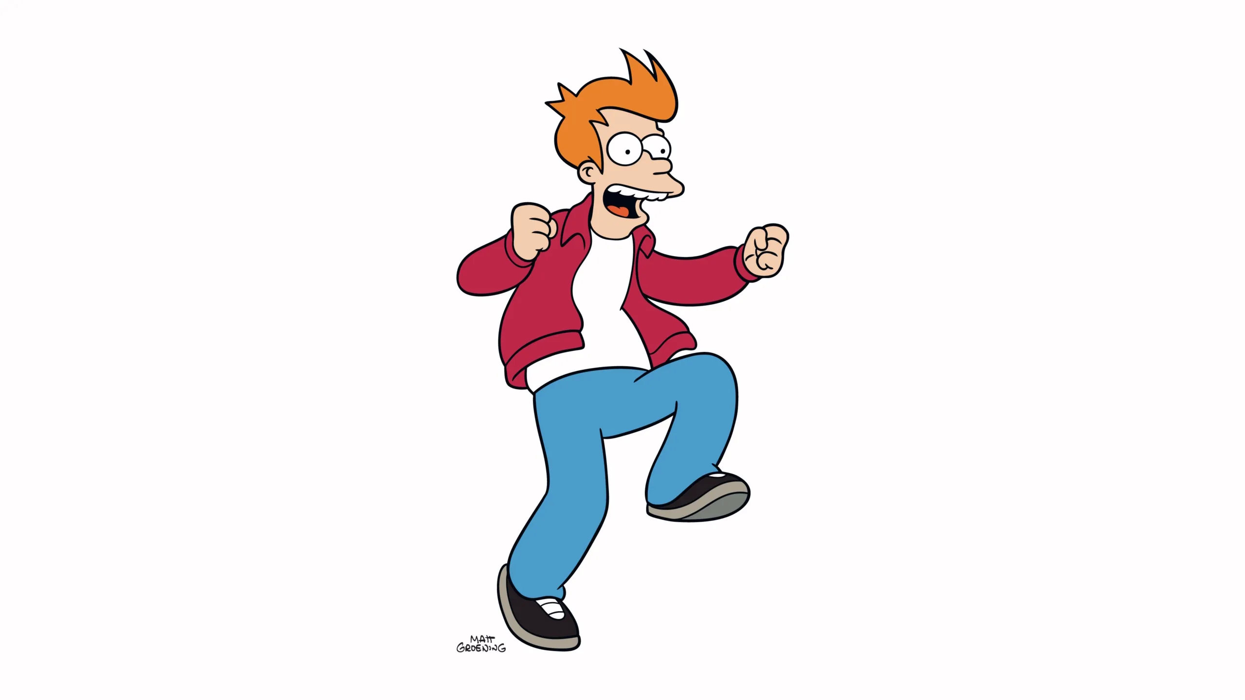 Philip J. Fry, a young man with orange hair, red jacket, white t-shirt, and blue jeans.