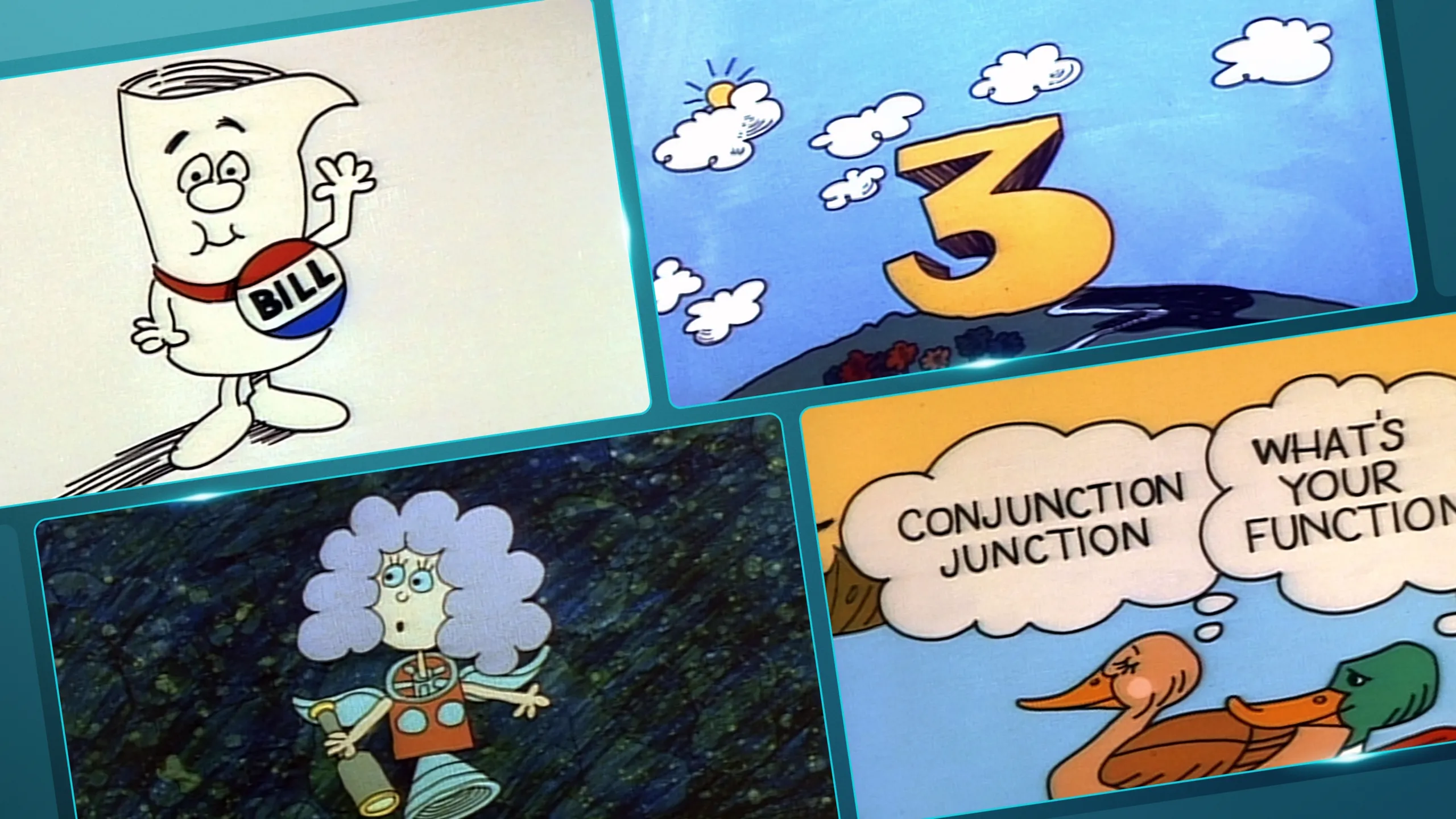 Four image grid showcasing scenes from iconic Schoolhouse Rock! episodes such as "I'm Just A Bill."