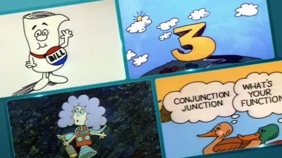 Four image grid showcasing scenes from iconic Schoolhouse Rock! episodes such as "I'm Just A Bill."