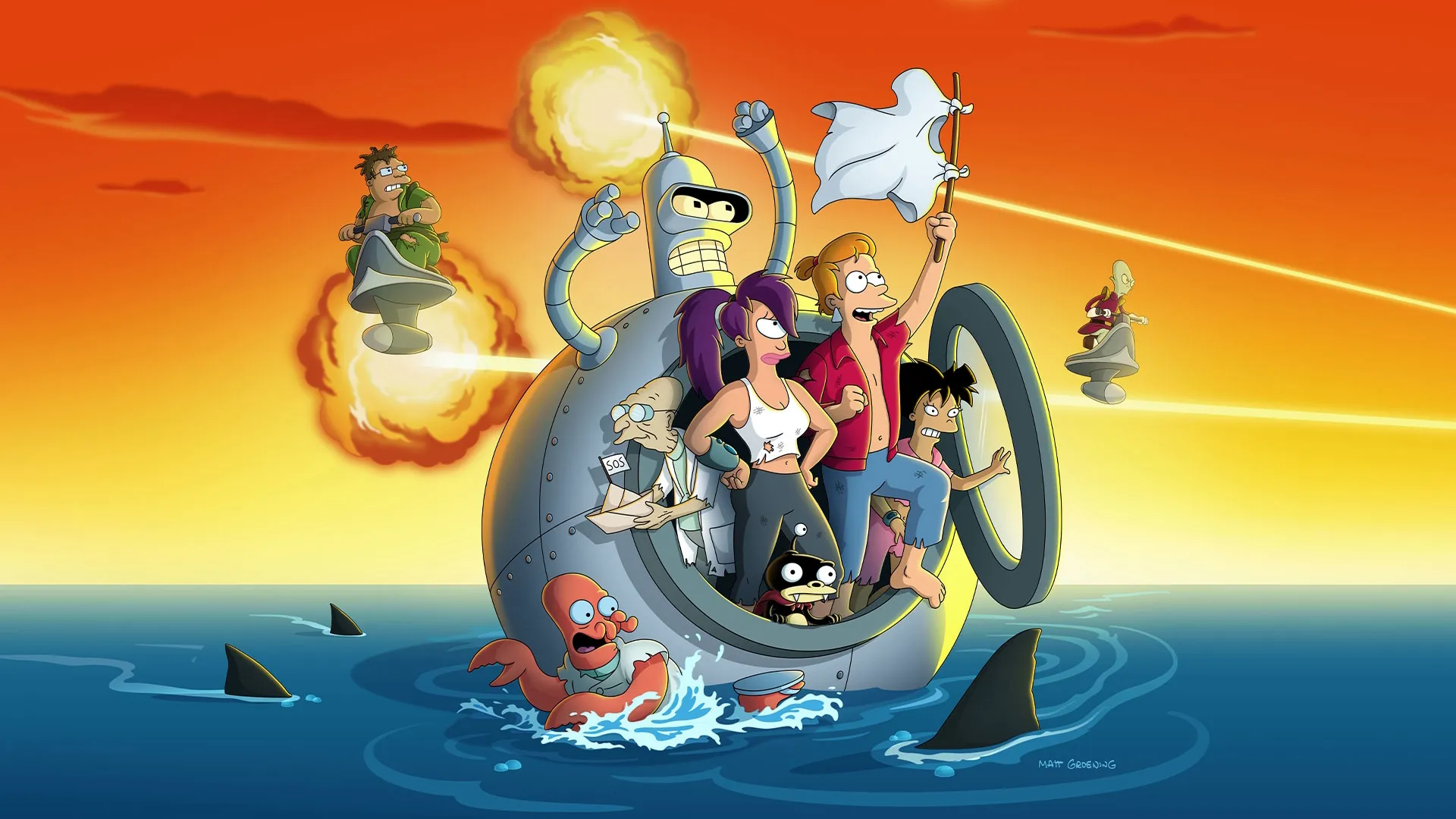 Key art for Futurama featuring the Planet Express crew stranded on a floating capsule in the ocean surrounded by sharks.