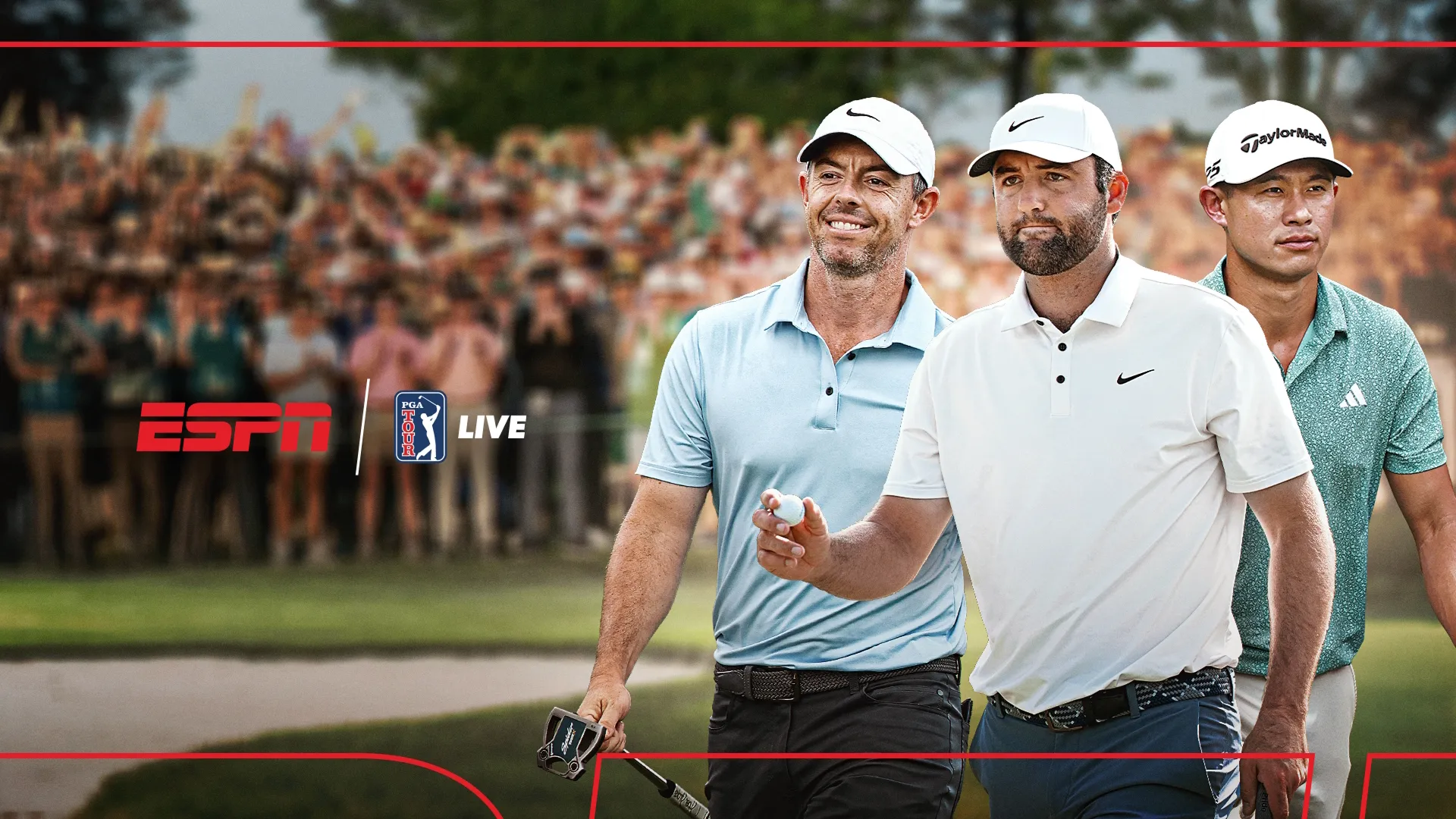 An ESPN PGA Tour Live promotional graphic features professional golfers Rory McIlroy, Scottie Scheffler, and Collin Morikawa walking on a golf course with a blurred crowd in the background.