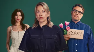 An official promotional image for the comedy-drama series Alice and Steve, featuring Nicola Walker as a sceptical Alice in a black utility-style shirt standing front and centre. Behind her on the left is Yali Topol Margalith as Izzy in a white denim jumpsuit, while on the right, Jemaine Clement as Steve holds a bouquet of pink tulips and a cardboard "SORRY" sign against a dark green textured background.