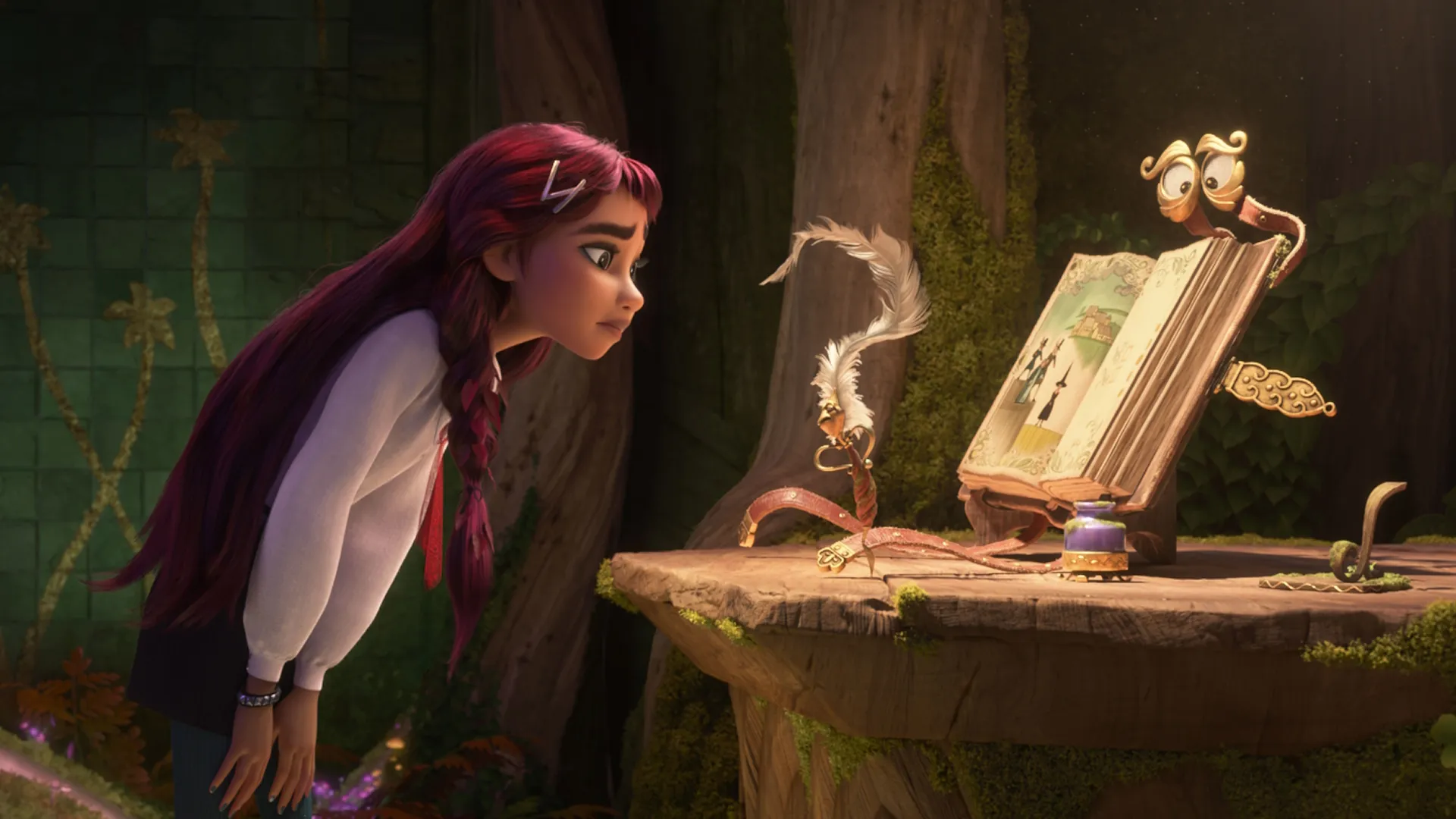 Billie, an animated teenage girl, peers over a book with eyes, next to it is an anthropomorphic pen