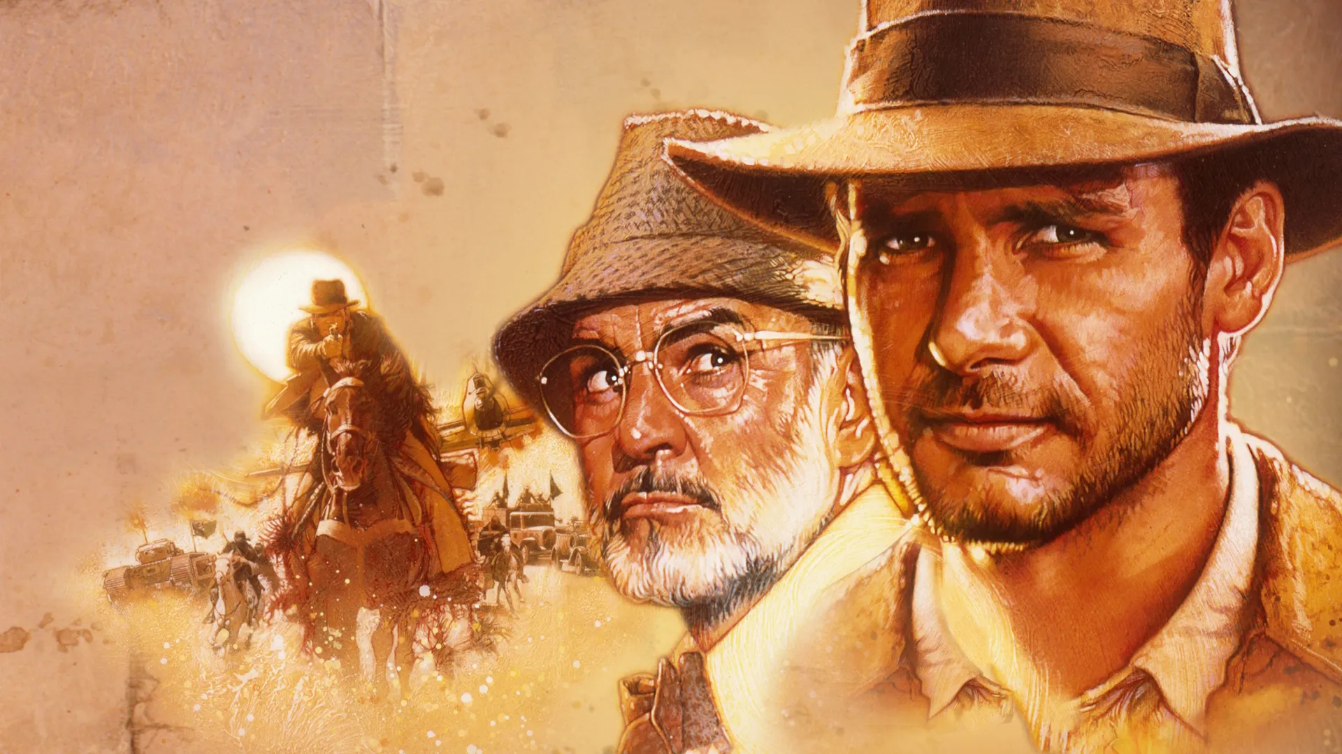Illustrated image featuring Indiana Jones (Harrison Ford) and his father (Sean Connery) in the Last Crusade.