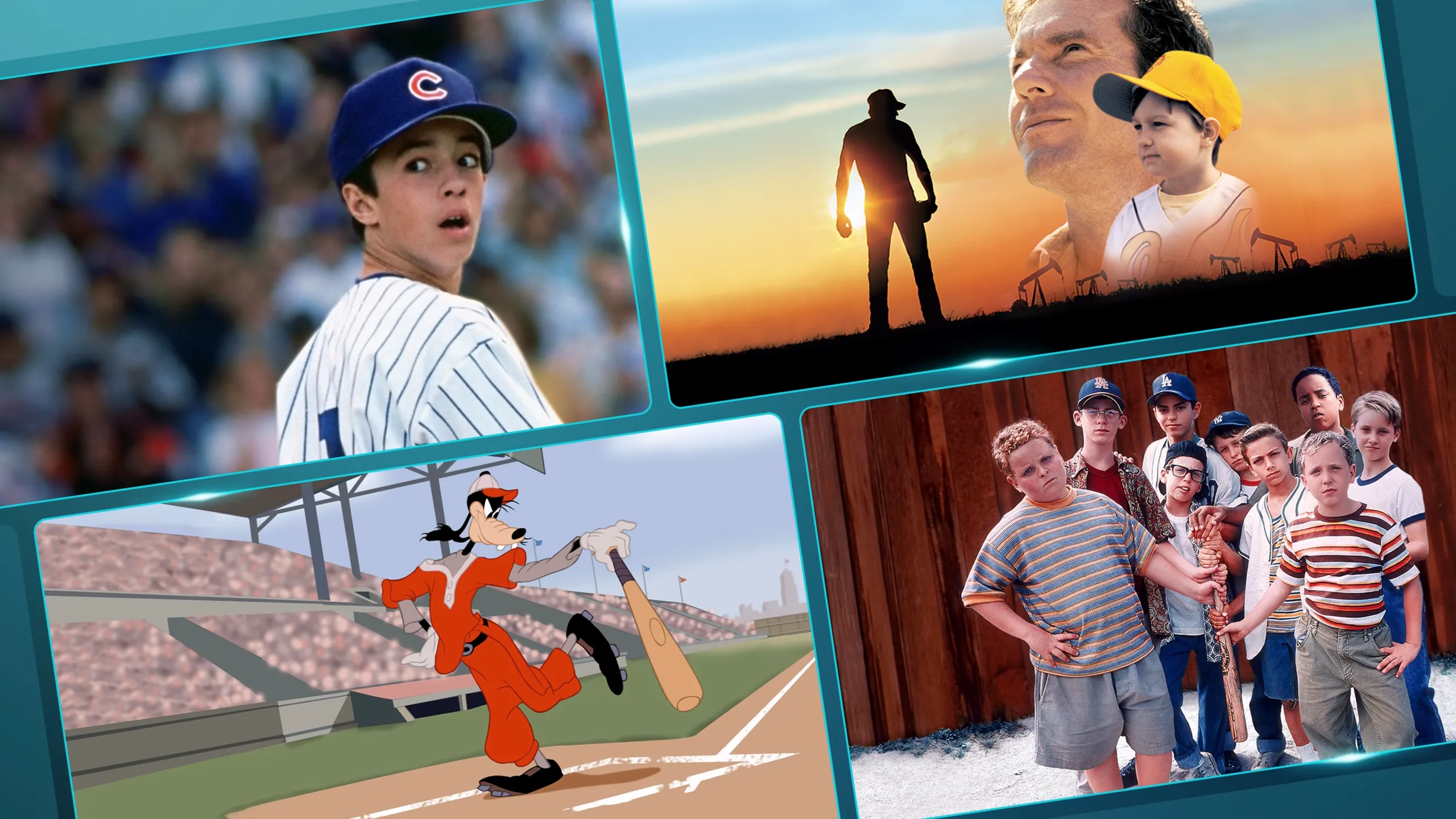 Four tile promo grid showcasing featured Baseball titles on Disney+ including Rookie of the Year, The Rookie, Goofy: How To Play Baseball, and 30 for 30's Four Days's in October.