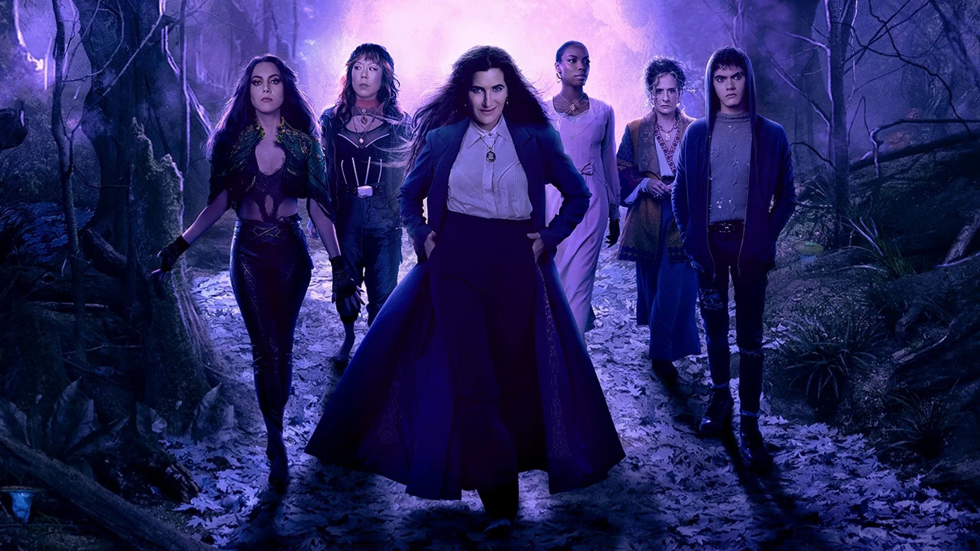 Agatha (Katheryn Hahn) and her coven walk down the witches road.