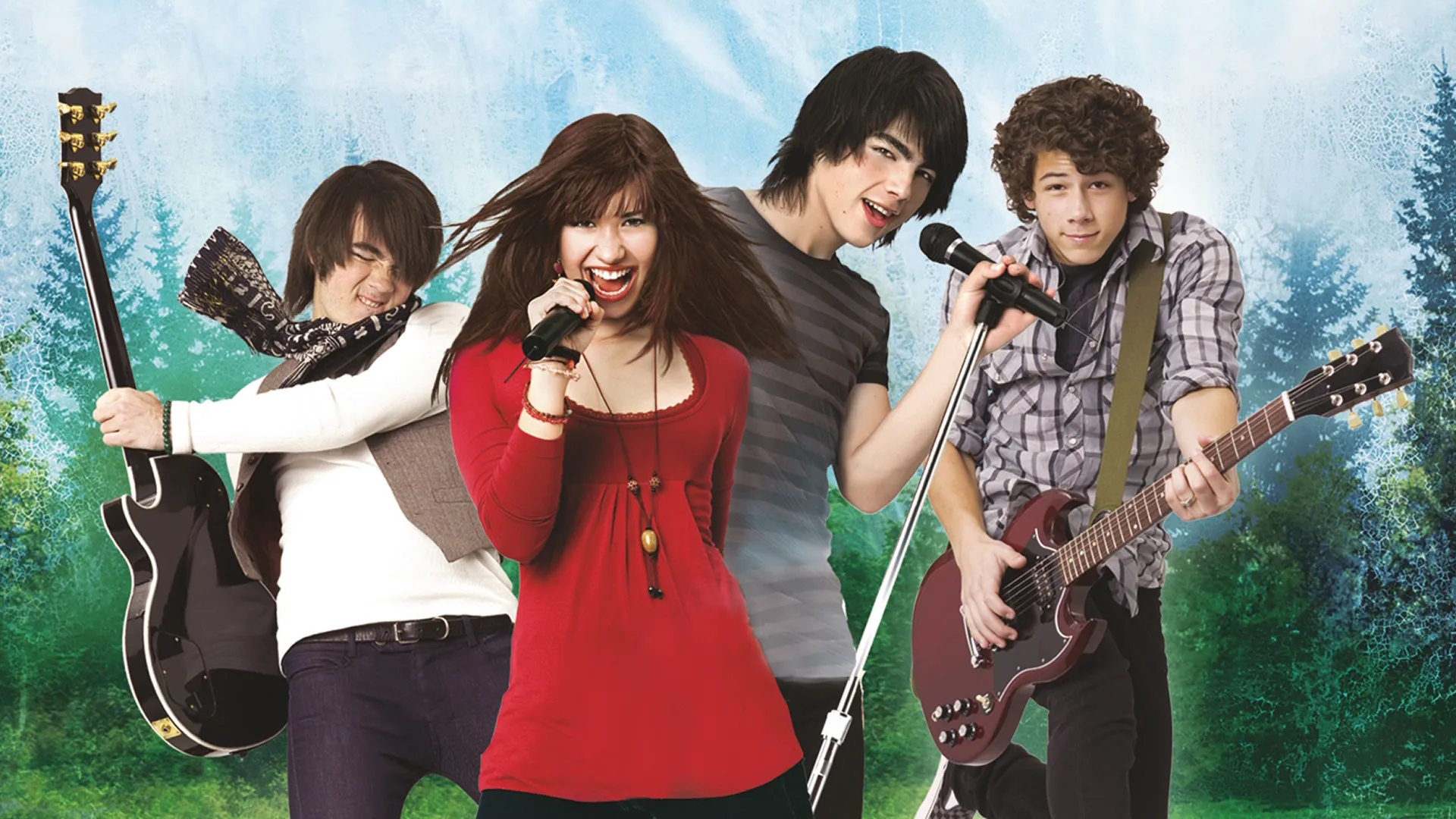 Jason (Kevin Jonas), Mitchie (Demi Lovato), Shane (Joe Jonas), and Nate (Nick Jonas) performing as a band