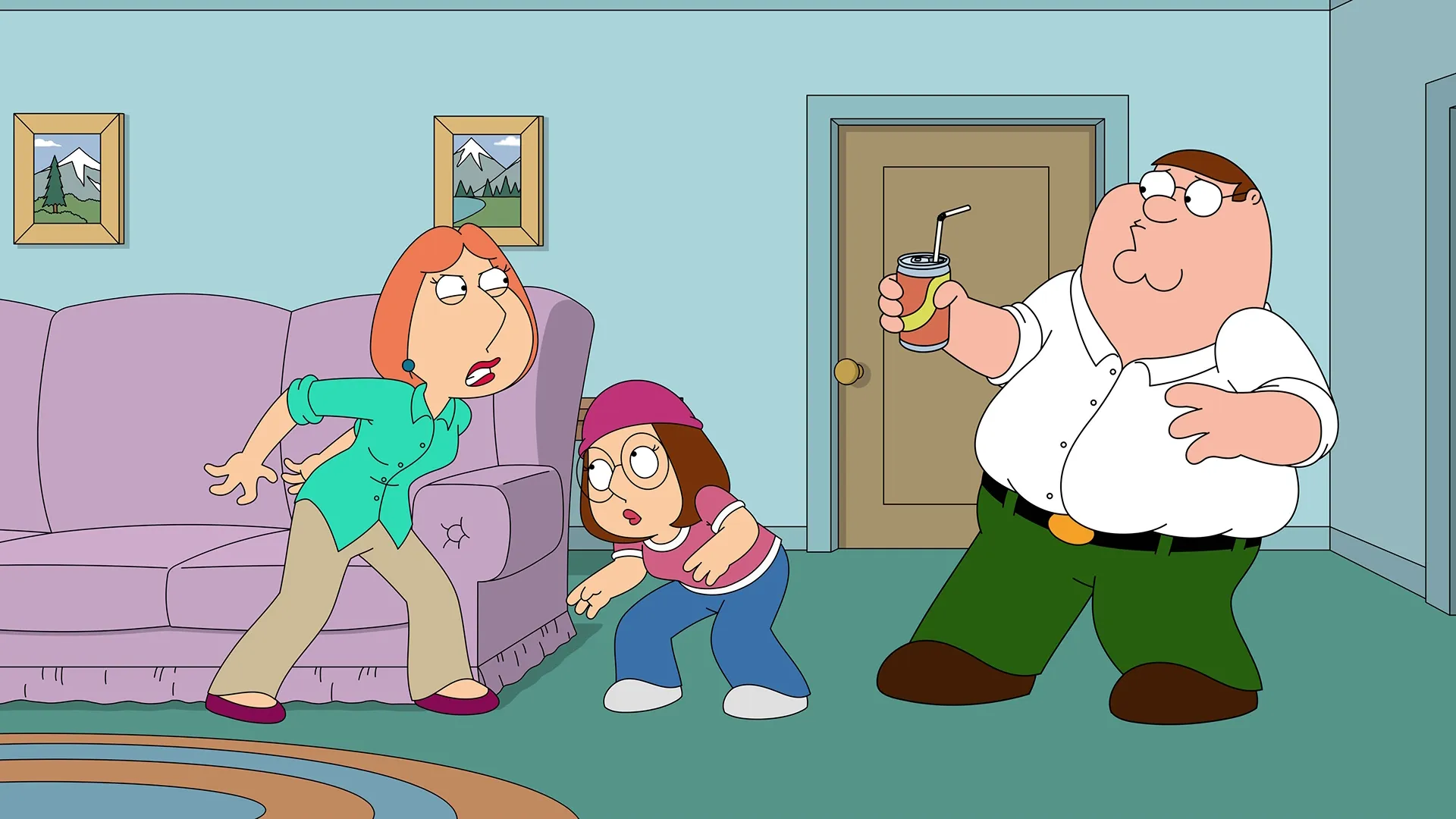 Lois yells at Peter in their living room, Meg crouches between the two of them