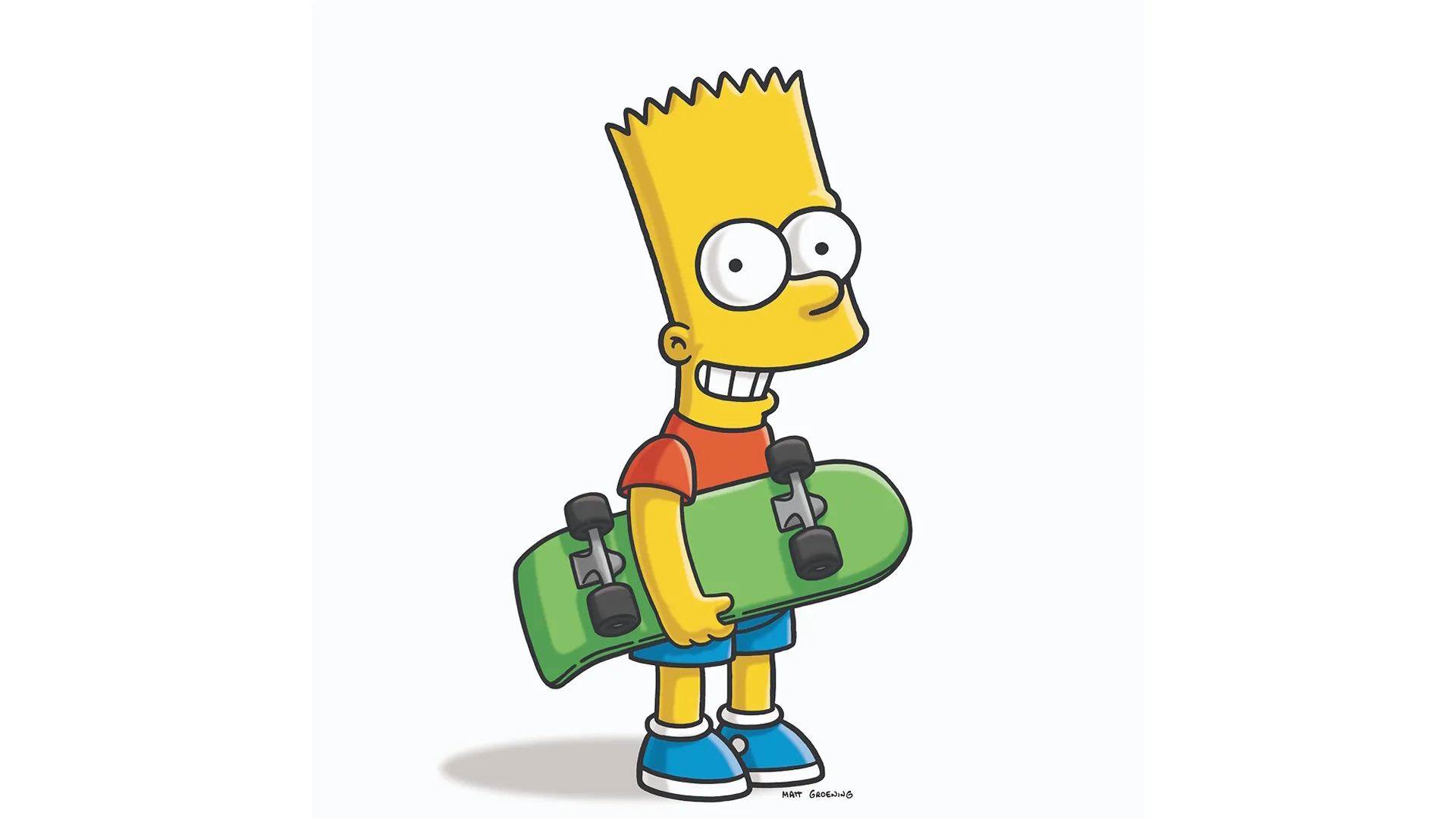 Este personagem é Bart Simpson, da série de animação Os Simpsons. Ele está segurando seu skate verde característico.