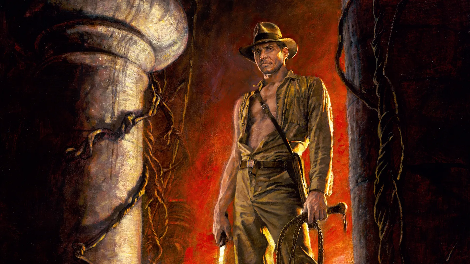 Illustrated image of Indiana Jones (Harrison Ford) standing in a temple wearing his fedora and holding his bullwhip for Temple of Doom.