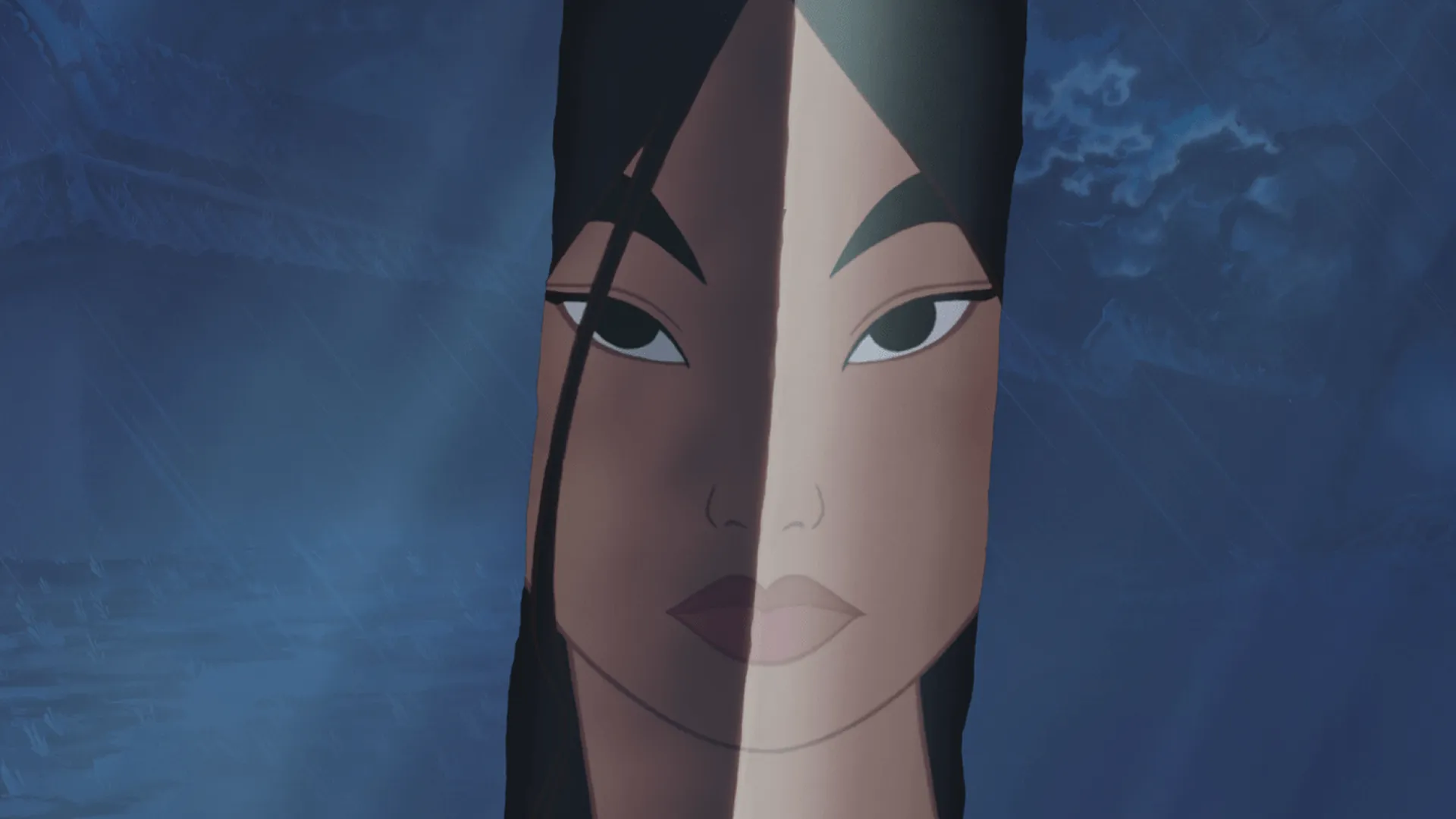 A close-up split-screen face reflection of Fa Mulan showing her dual identity during the Reflection song sequence in Disney's 1998 animated film Mulan.