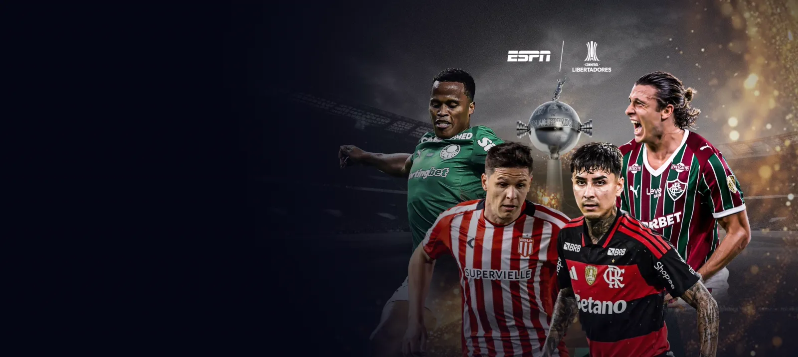 ESPN and CONMEBOL Libertadores promotional graphic featuring four football players and the Libertadores trophy in a stadium setting.