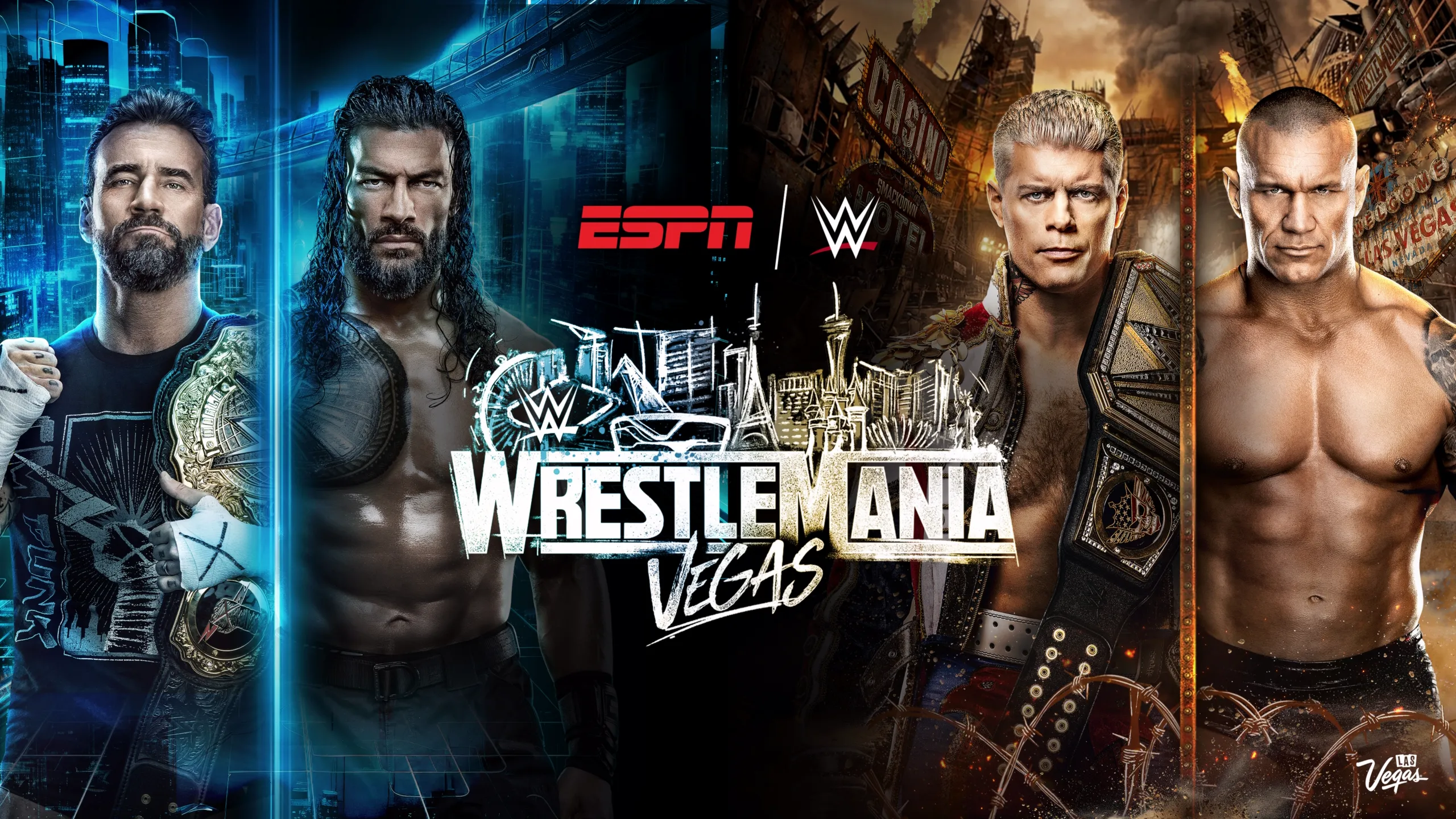 Promo image featuring CM Punk, Roman Reigns, Cody Rhodes, and Randy Orton, and the ESPN, WWE, and WrestleMania Vegas logos