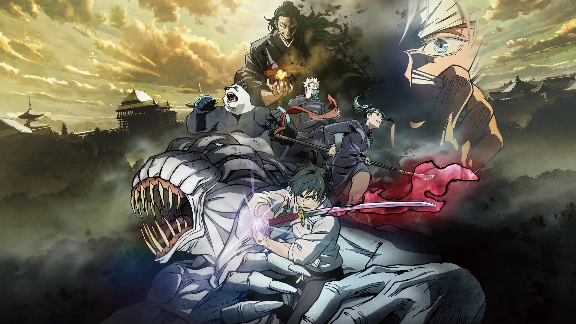 Promotional poster for Jujutsu Kaisen 0 featuring Yuta Okkotsu wielding a katana in front of the monstrous cursed spirit Rika, surrounded by core characters against a sunset sky.