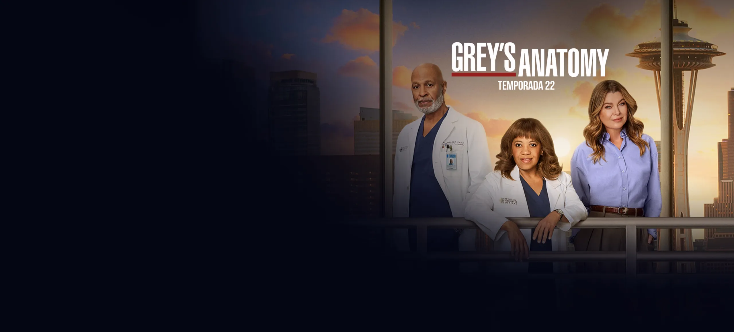 Arte de Grey’s Anatomy Temporada 22 com médicos diante do horizonte de Seattle.