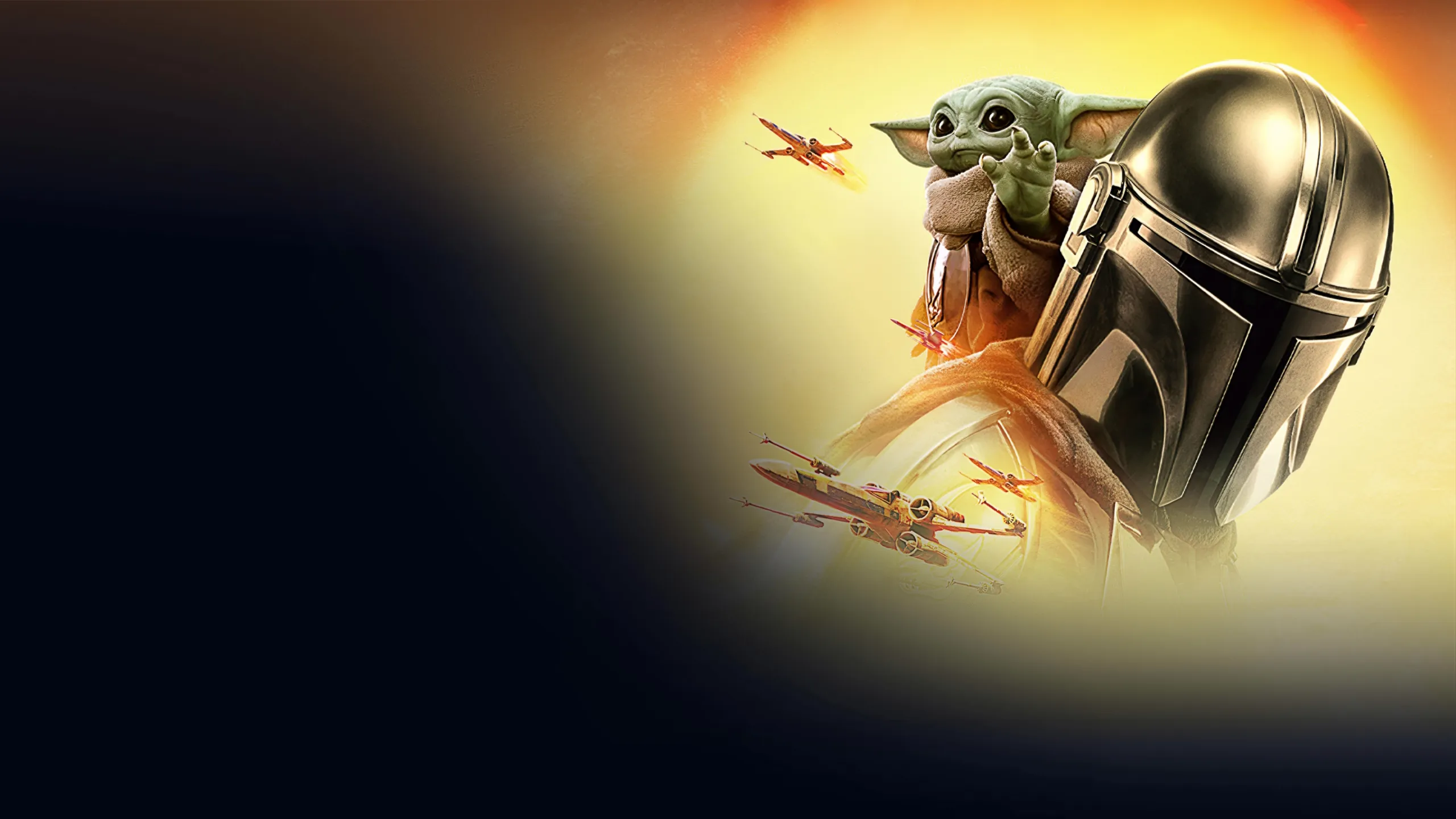 Grogu standing beside an armored Mandalorian against a sci-fi backdrop with planets and a spacecraft from the Star Wars universe.