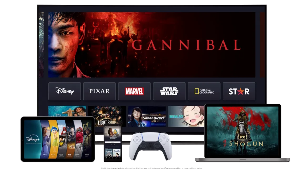 4 Devices showcasing the Disney+ product on TV, Mobile, Laptop, and Tablet