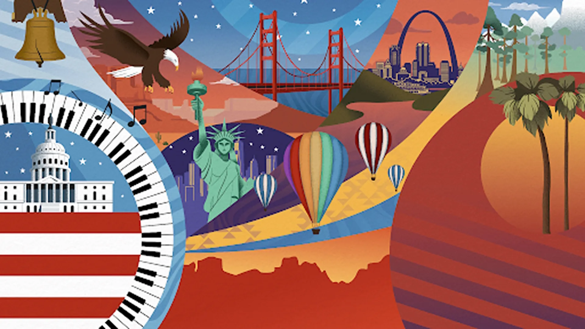 This is a colorful vector illustration featuring iconic United States landmarks such as the Statue of Liberty, the Golden Gate Bridge, and the Gateway Arch.