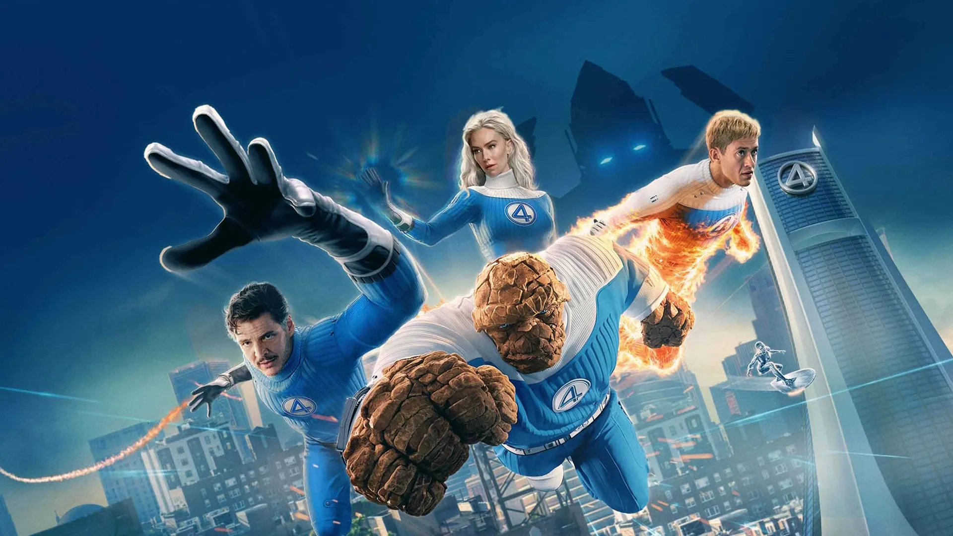 Mister Fantastic (Pedro Pascal), Invisible Woman (Vanessa Kirby), The Thing (Ebon Moss-Bachrach), and Human Torch (Joseph Quinn) on a poster for The Fantastic Four: First Steps
