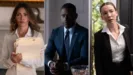 Esta imagem mostra os atores Sarah Shahi (à esquerda), Sterling K. Brown (ao centro) e Julianne Nicholson (à direita) em uma cena da série Paradise (2025).